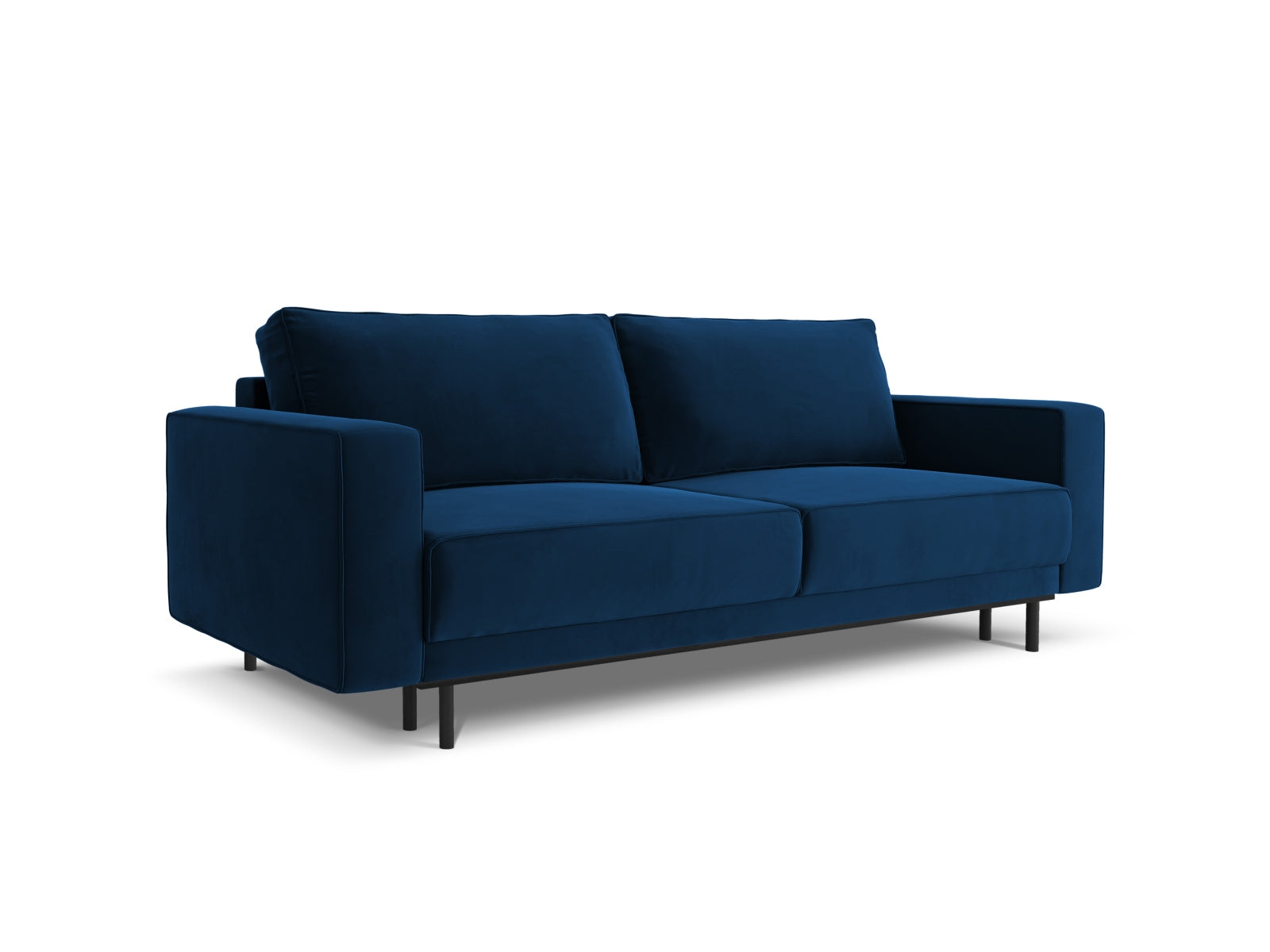 Stilvolles Caro Velour Sofa in Royalblau, 3-Sitzer mit praktischer Schlaffunktion und integriertem Stauraum für modernen Komfort.