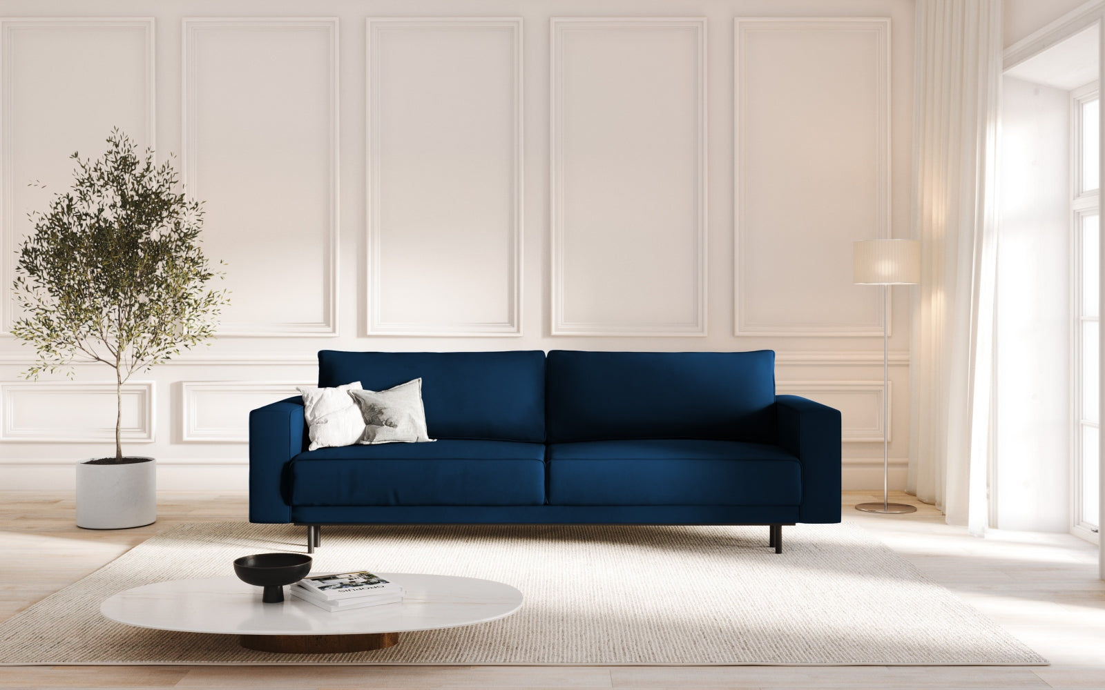 Elegantes Caro Velour Sofa in Royal Blue, 3-Sitzer mit Schlaffunktion und Stauraum, ideal für stilvolle Wohnräume.