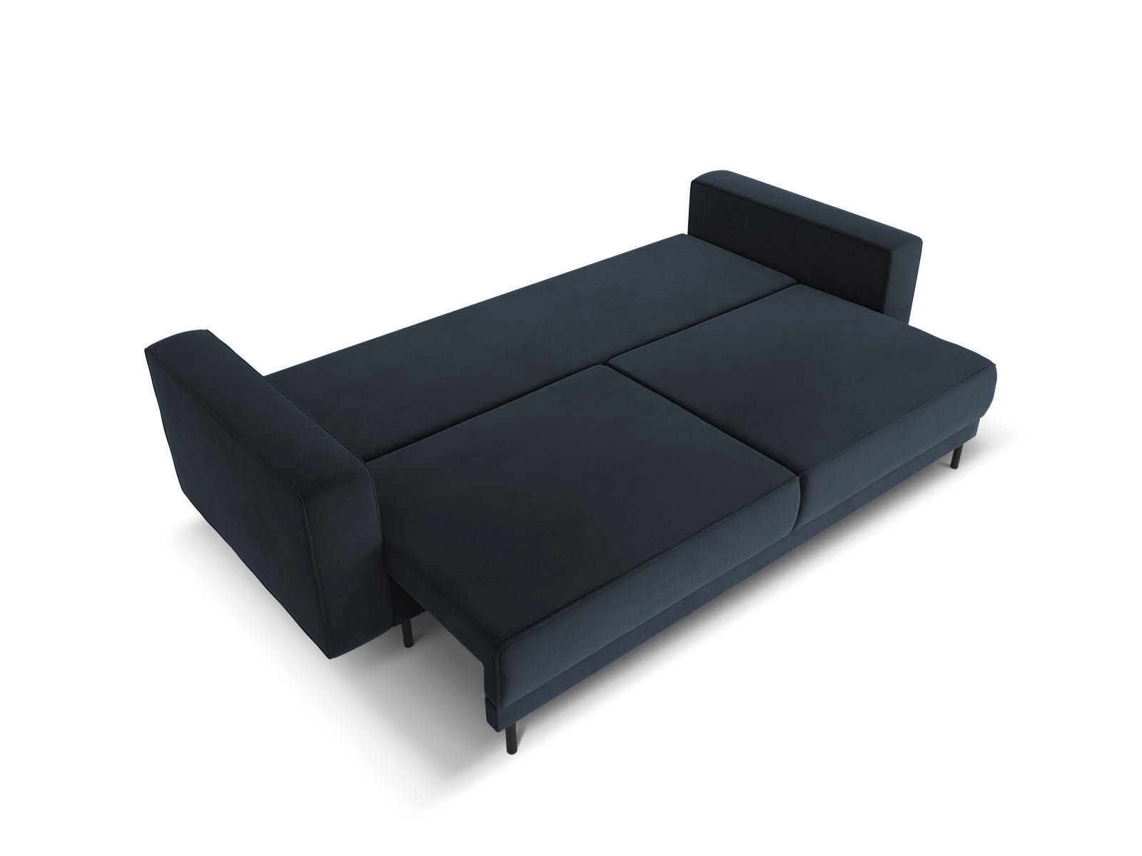 Elegantes 3-Sitzer Bettsofa aus weichem Velours in tiefem Blau, ideal für Gästeübernachtungen und zur Aufbewahrung von Decken und Kissen.