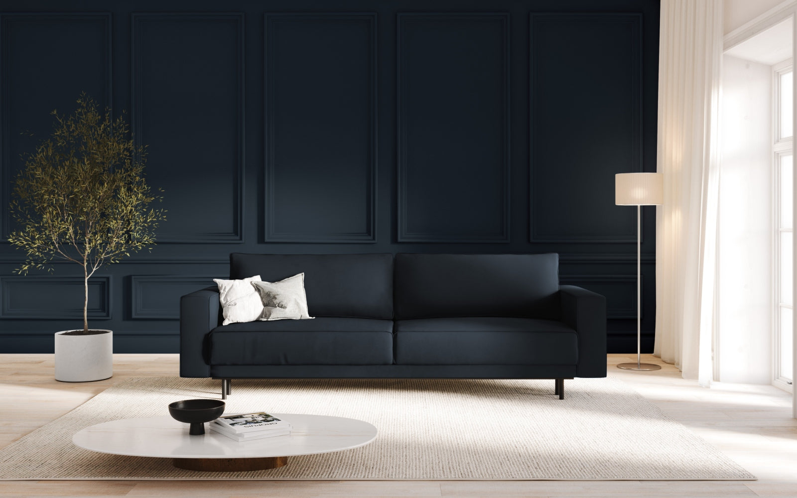 Elegantes Caro Velour Sofa in Dunkelblau, 3-Sitzer mit Schlaffunktion und Stauraum, ideal für stilvolle Wohnräume.