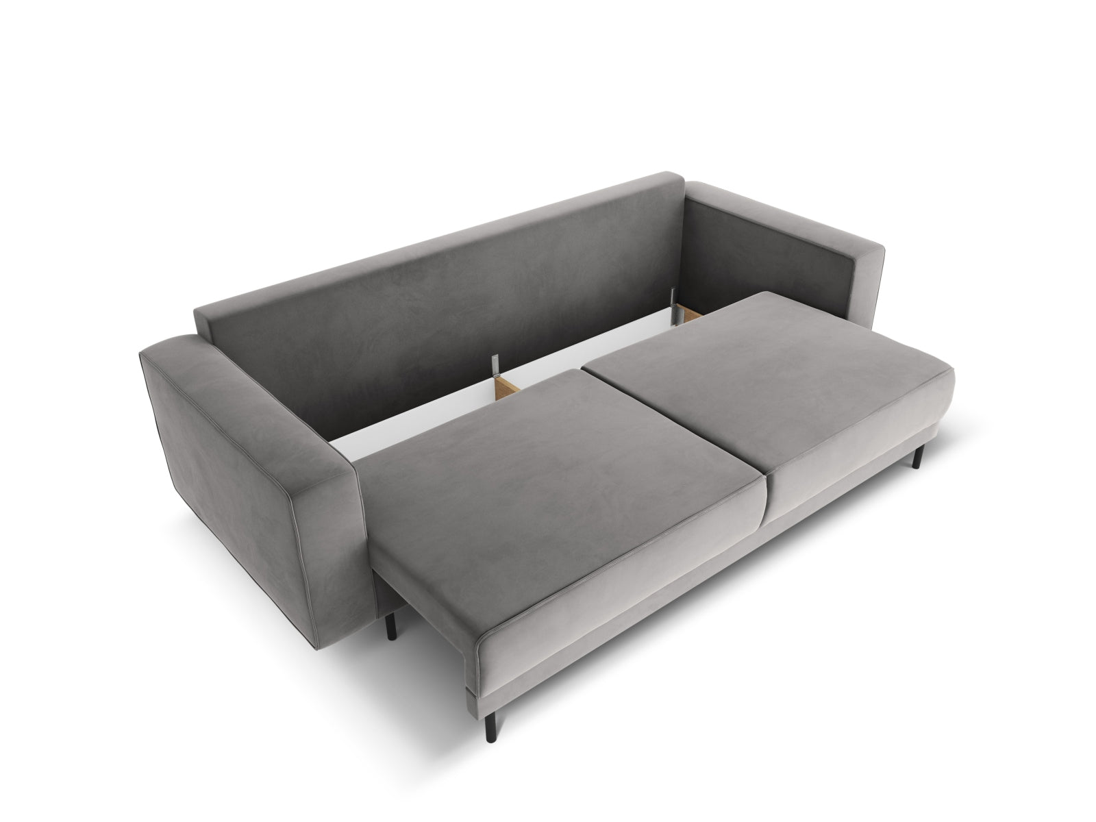 Stylisches Caro Velour Sofa in sanftem Hellgrau, 3-Sitzer mit praktischer Schlaffunktion und verborgenem Stauraum für optimale Raumnutzung.