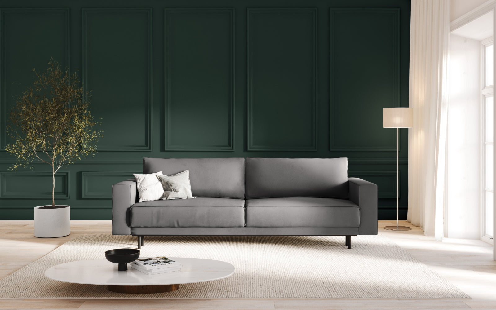 Elegantes Caro Velour Sofa in Hellgrau mit Schlaffunktion und Stauraum, ideal für stilvolle Wohnräume und Gästeübernachtungen.