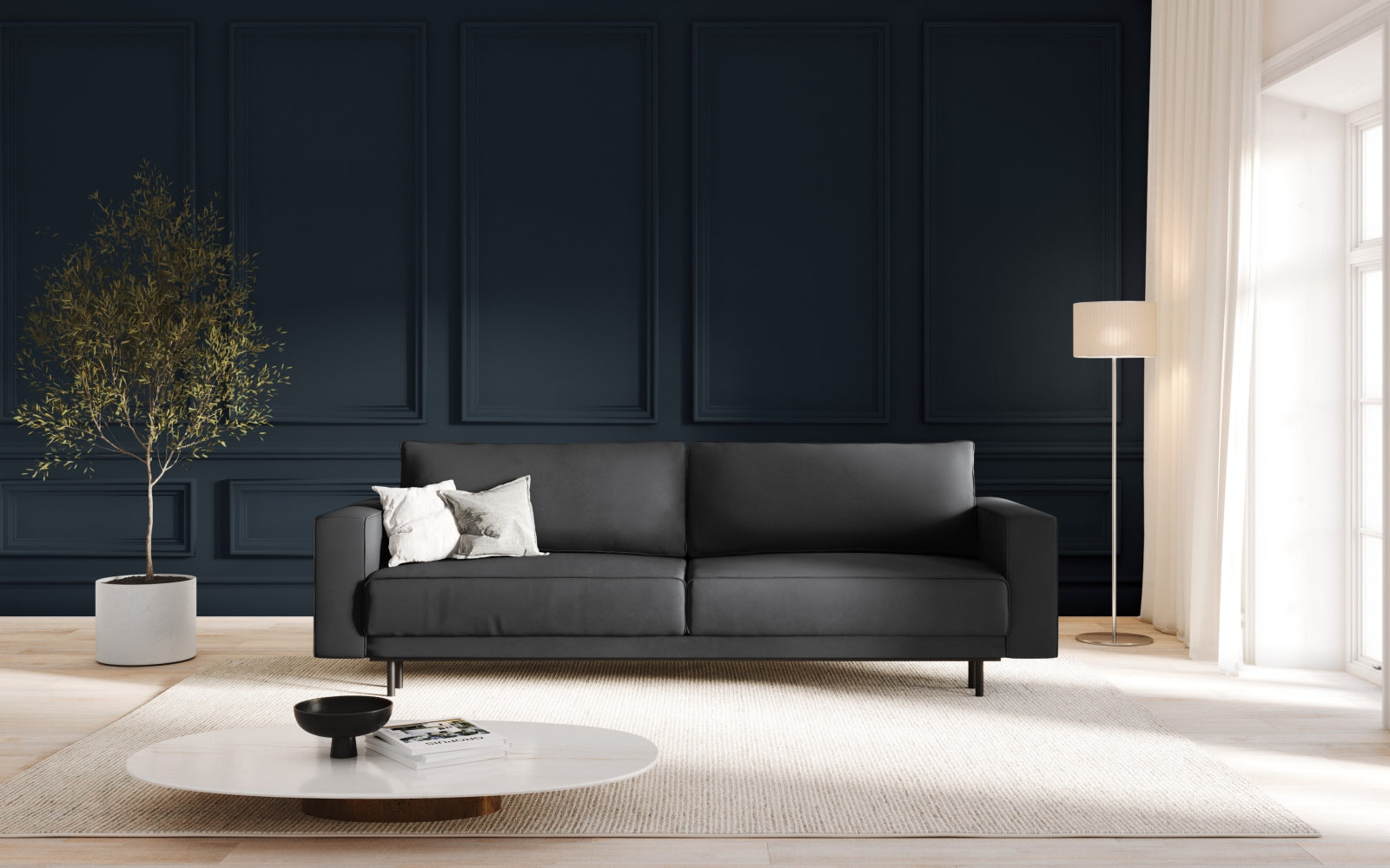 Elegantes Caro Velour Sofa in Grau-Blau, 3-Sitzer mit Schlaffunktion und praktischem Stauraum, ideal für modernes Wohnen.