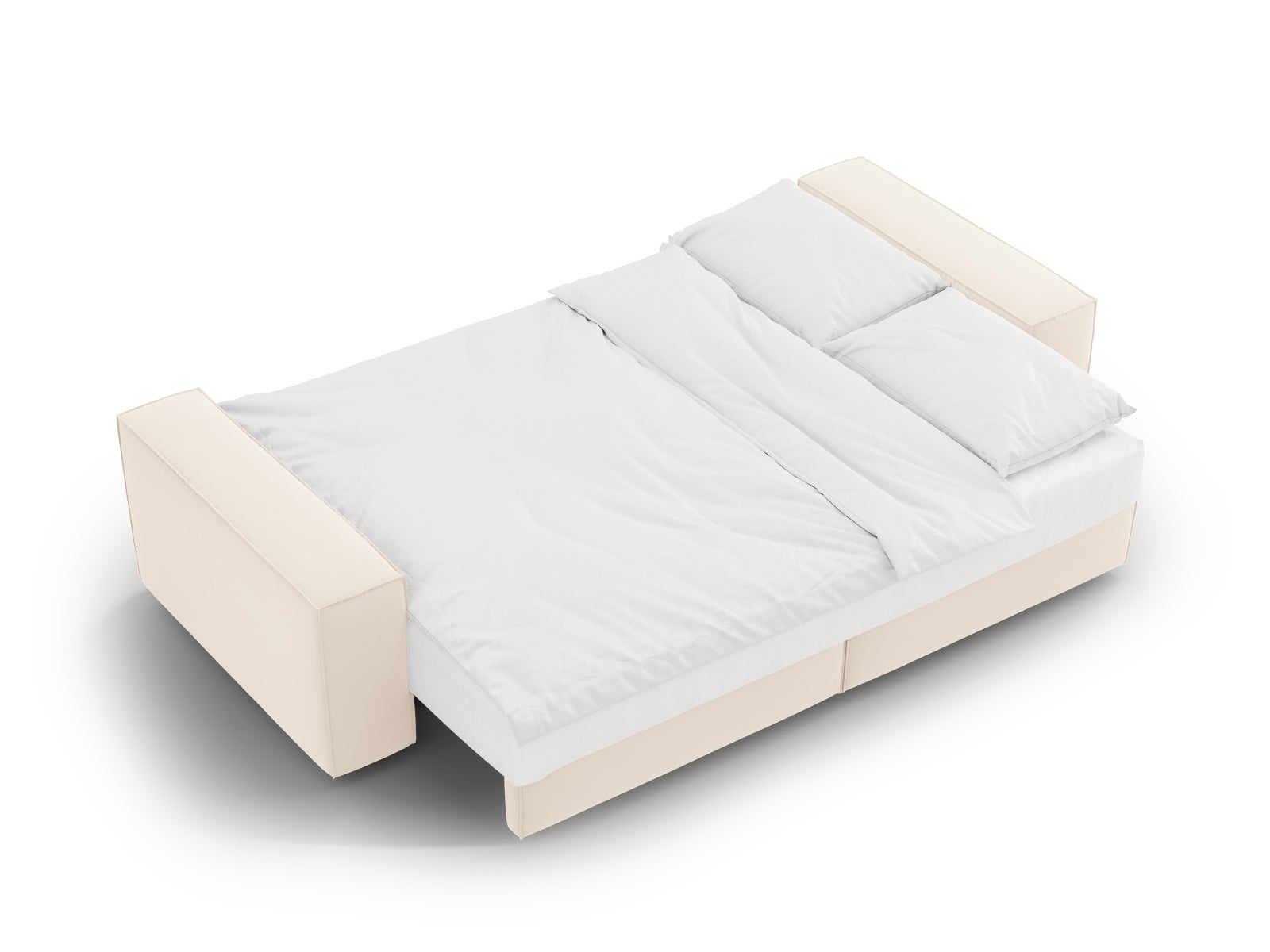 Elegantes 3-Sitzer Bettsofa aus weichem Velours, ideal für Gästeübernachtungen und zur Aufbewahrung von Kissen und Decken.