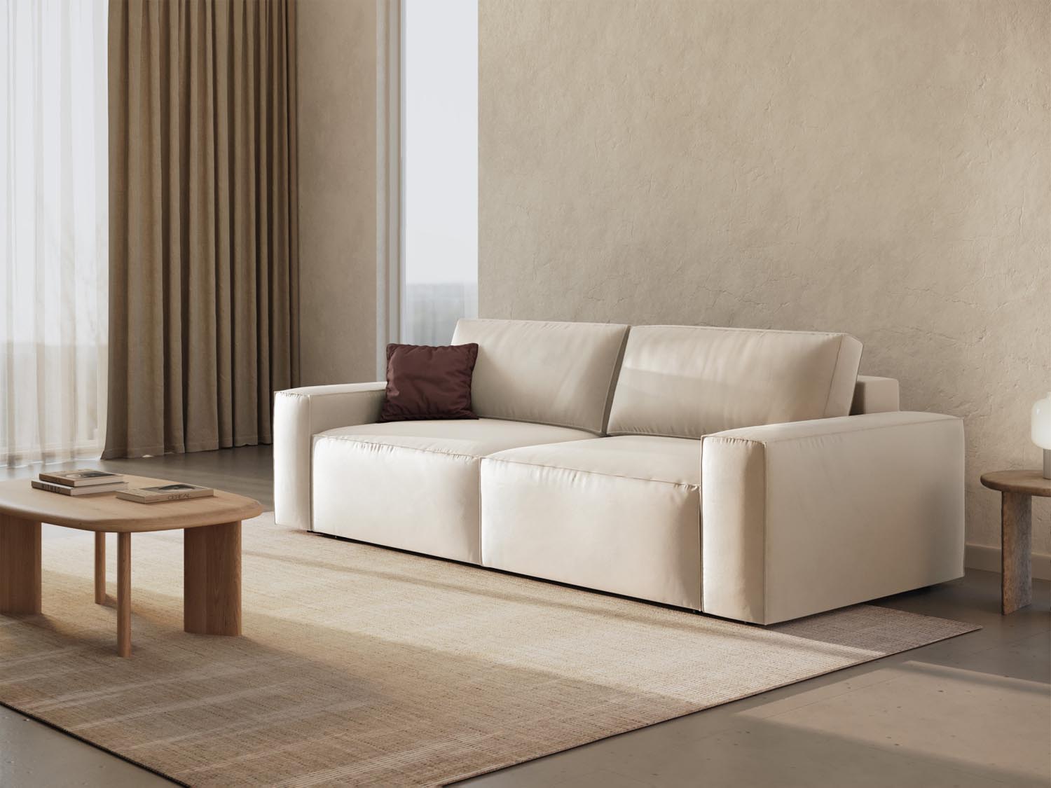 Elegantes Jodie Velour Sofa in Light Beige mit Schlaffunktion und Stauraum, ideal für stilvolle Wohnräume und Gästeübernachtungen.