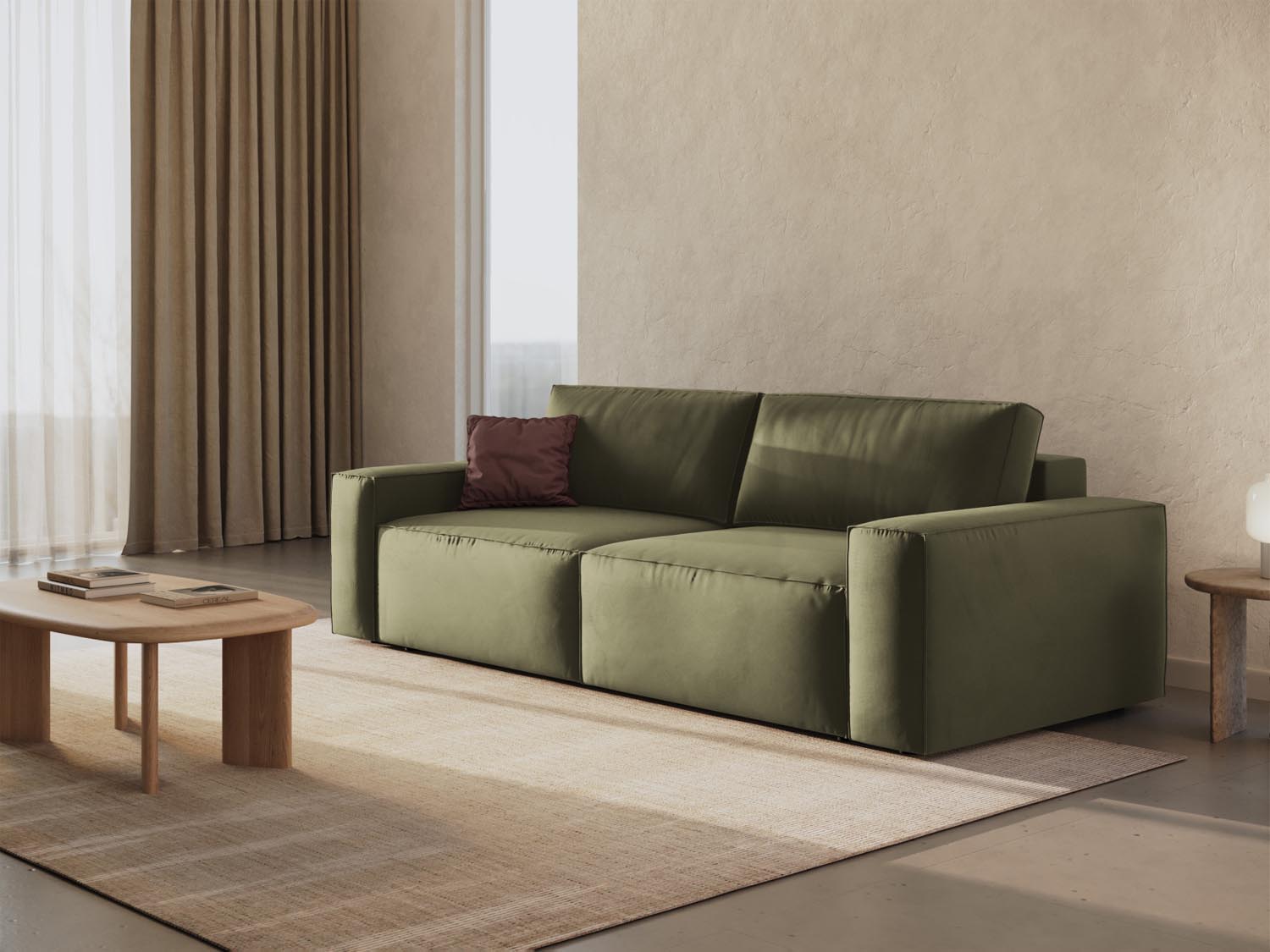 Elegantes Jodie Velour Sofa in Green-Bluvel, 3-Sitzer mit Schlaffunktion und Stauraum, ideal für stilvolle Wohnräume.