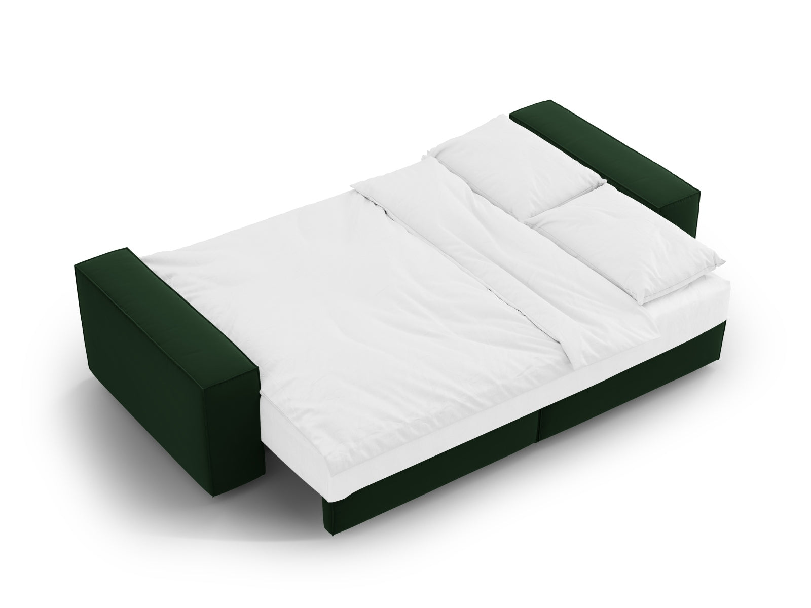 Elegantes 3-Sitzer Sofa Jodie aus Velours in tiefem Grün, ideal als Bettsofa mit integriertem Stauraum für Kissen und Decken.