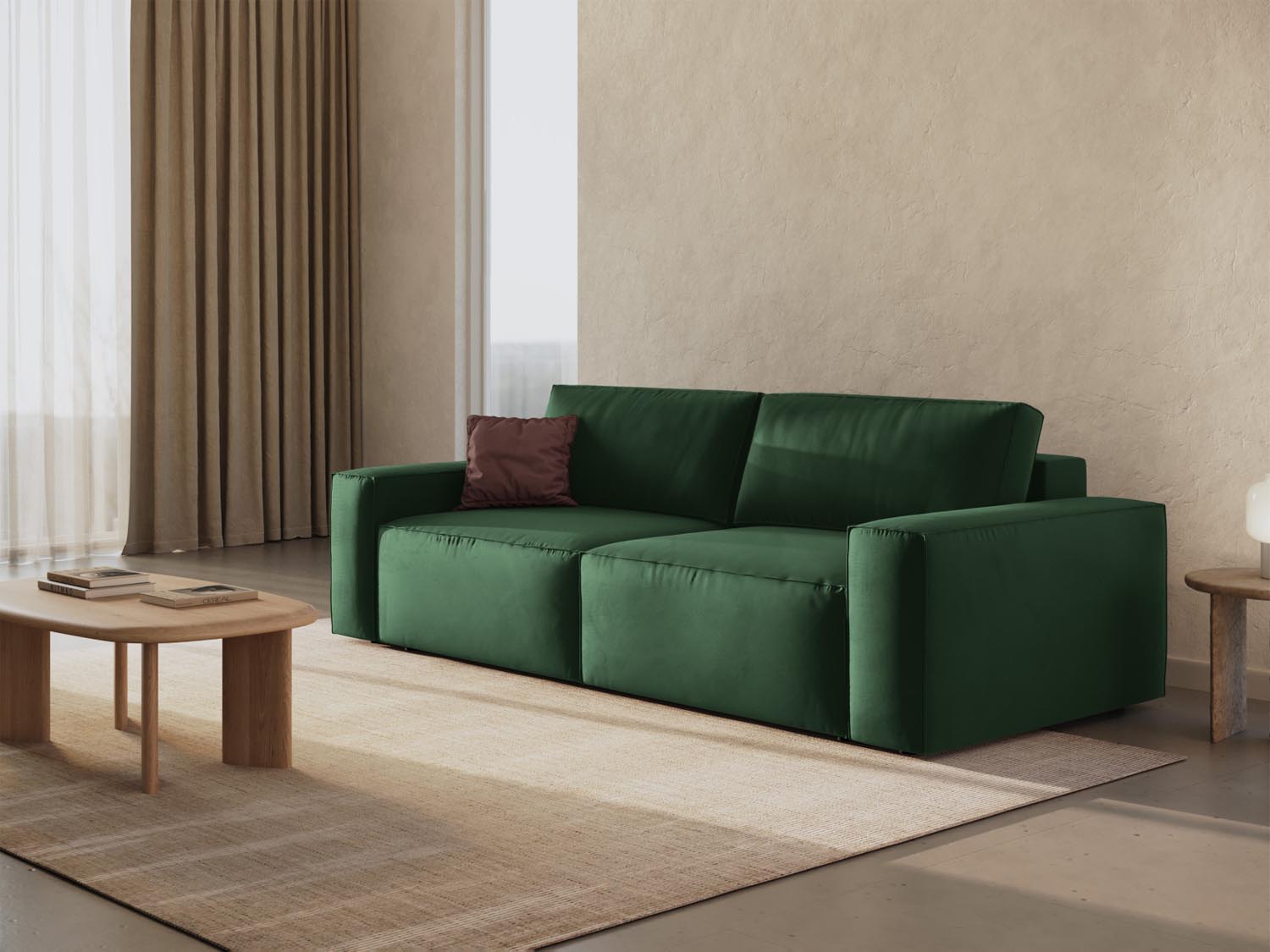 Elegantes Jodie Velour Sofa in Bottle Green mit Schlaffunktion und Stauraum, ideal für stilvolle Wohnräume und Gästeübernachtungen.