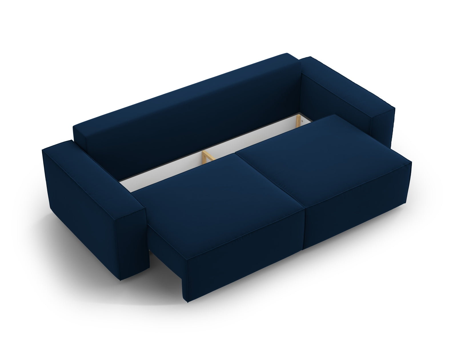 Stilvolles 3-Sitzer Sofa Jodie aus weichem Velours in royalblau, multifunktional mit Schlaffunktion und praktischem Stauraum für Wohnaccessoires.