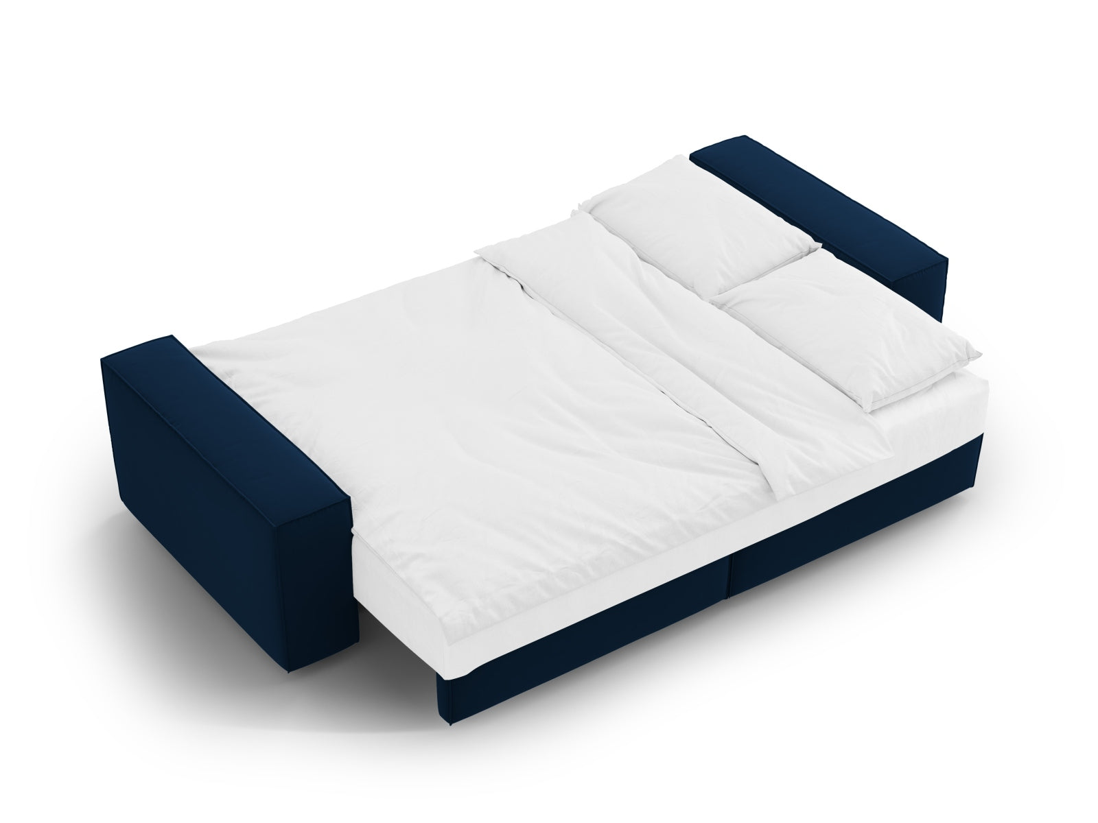 Elegantes 3-Sitzer Bettsofa Jodie in royalblauem Velours, ideal für Gästeübernachtungen und zur Aufbewahrung von Kissen und Decken.