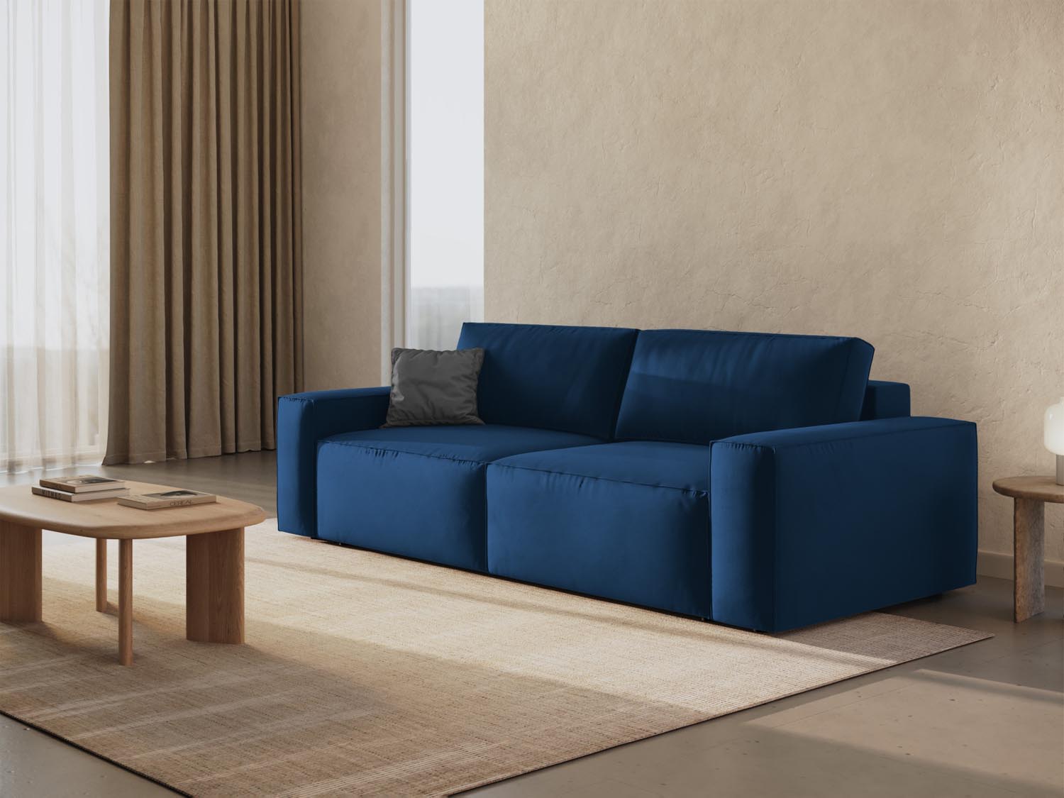 Elegantes Jodie Velour Sofa in Royal Blue, 3-Sitzer mit Schlaffunktion und Stauraum, ideal für stilvolle Wohnräume.