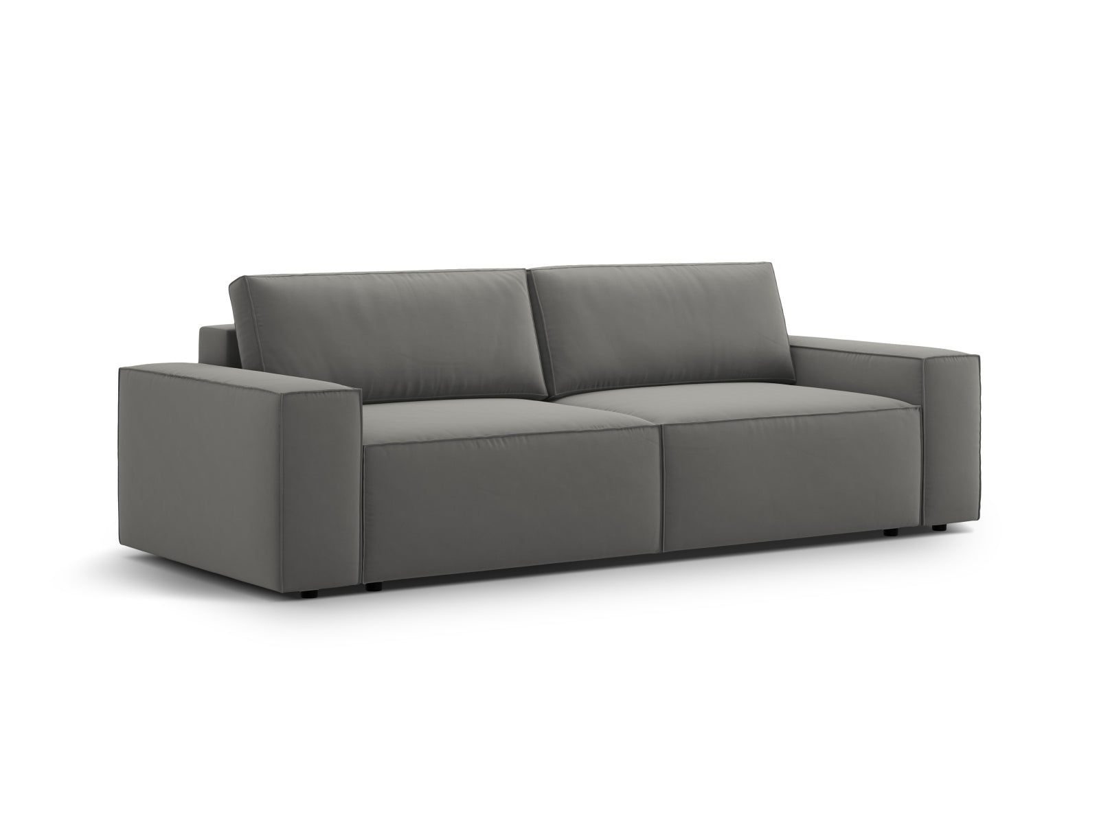 Modernes 3-Sitzer Sofa Jodie aus Velours in sanftem Grau, vielseitig mit Schlaffunktion und praktischem Stauraum für Ihr Zuhause.