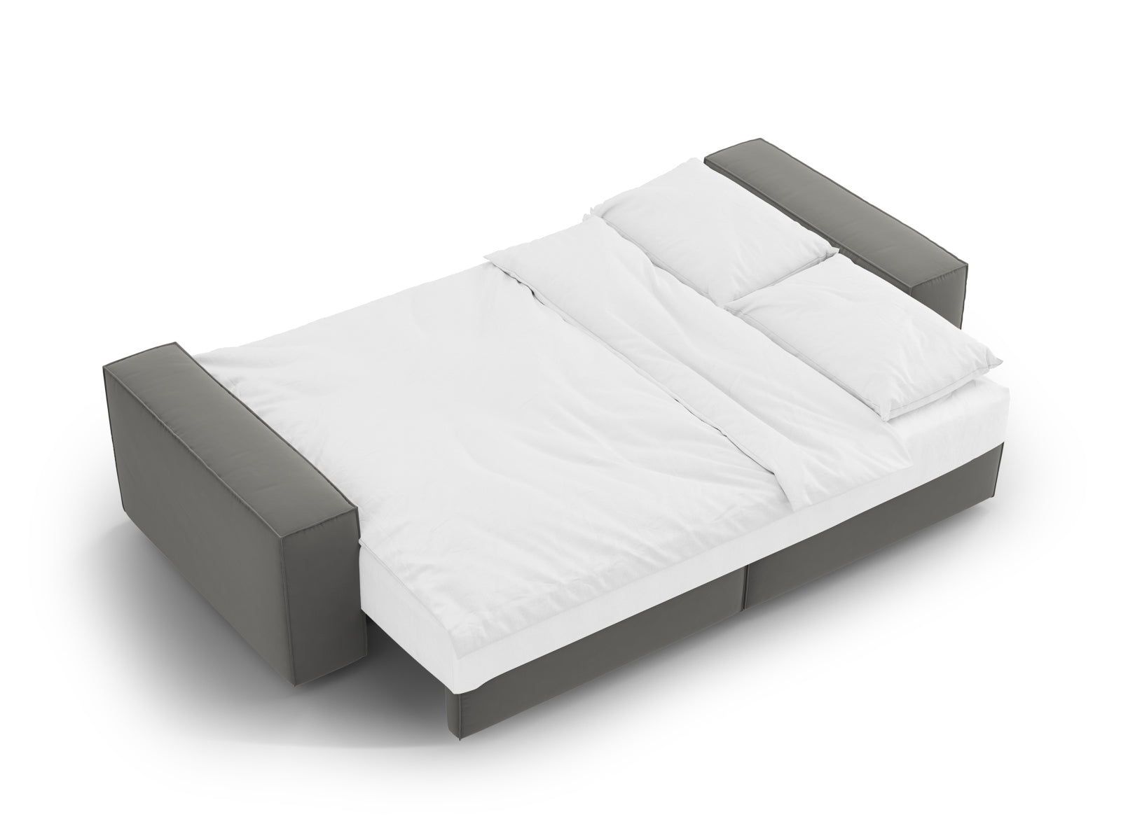 Elegantes graues 3-Sitzer Sofa Jodie aus Velours, ideal als Bettsofa mit integrierter Stauraumbox für mehr Funktionalität und Stil.