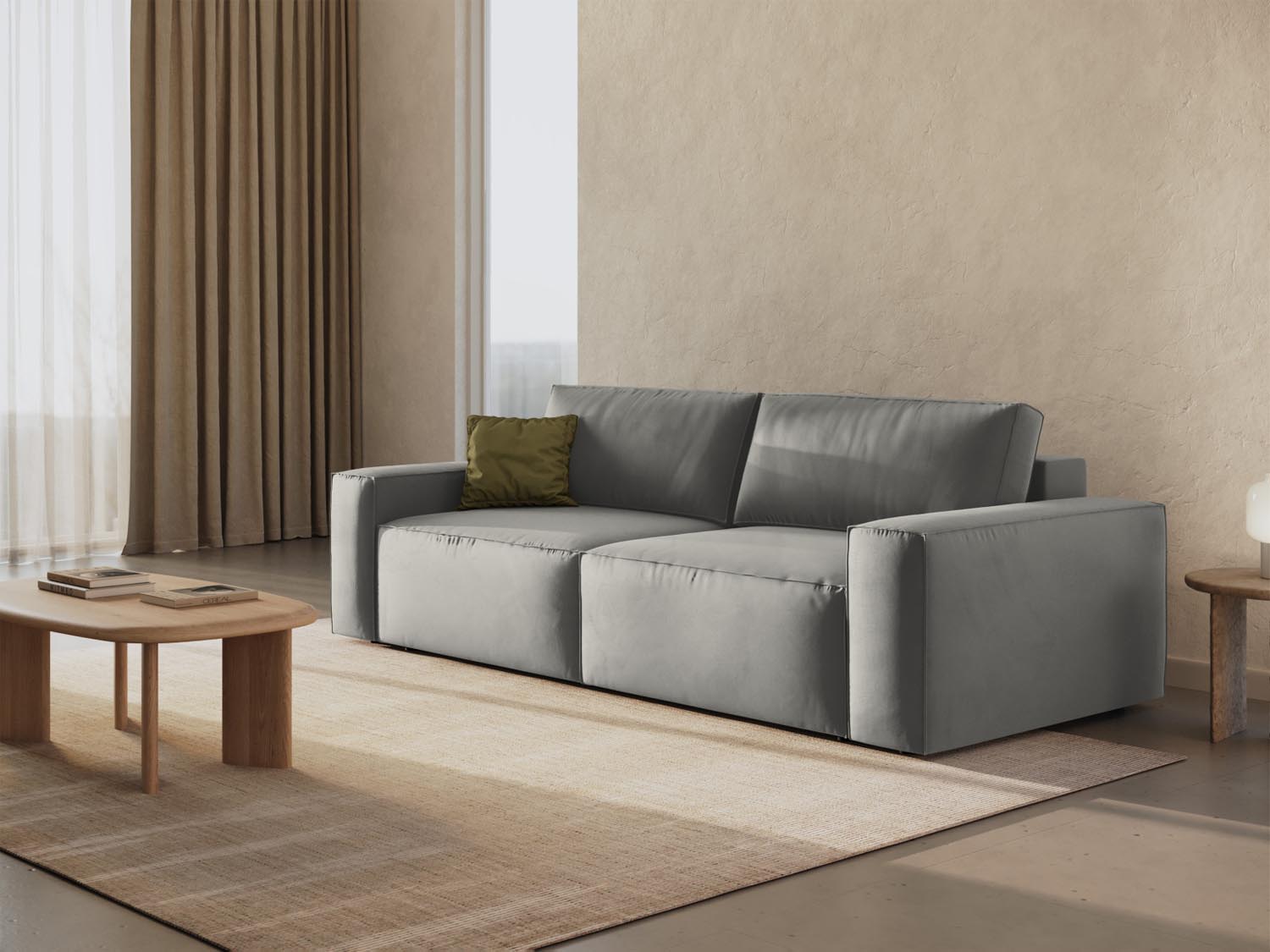 Elegantes Jodie Velour Sofa in Light Grey-Bluvel, 3-Sitzer mit Schlaffunktion und Stauraum, ideal für stilvolle Wohnräume.