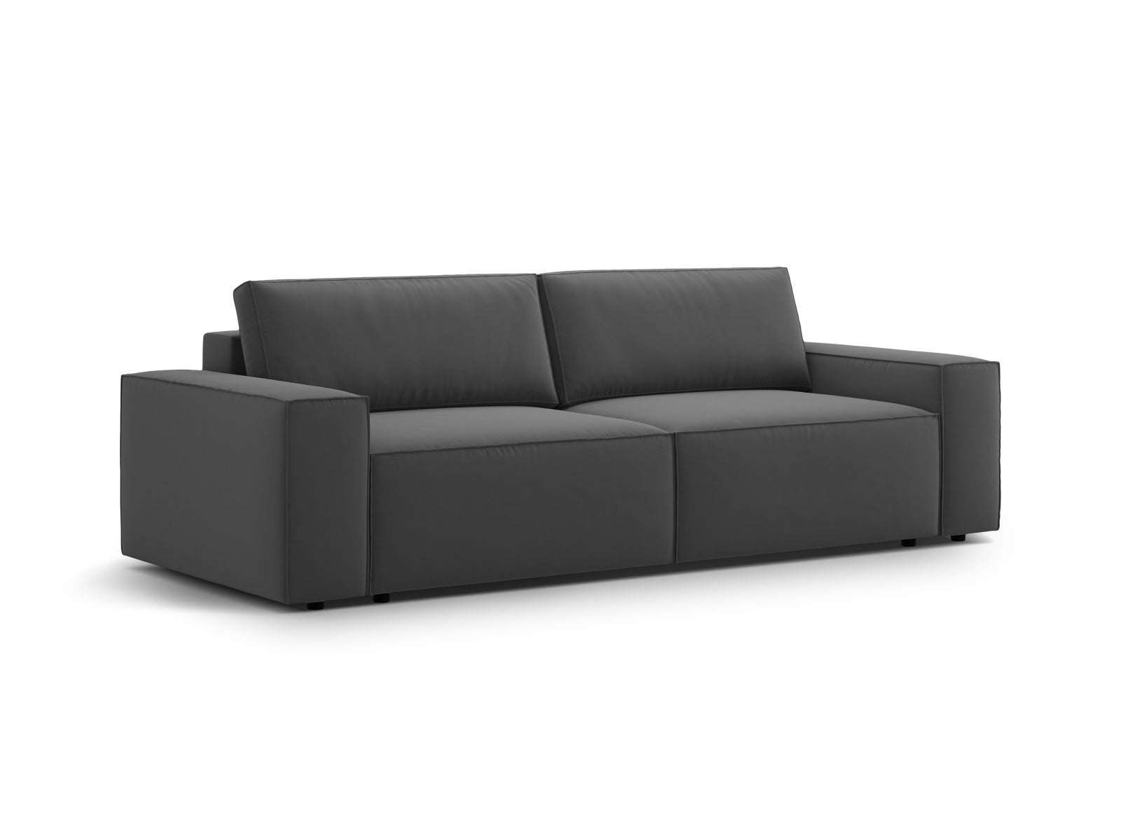 Stilvolles 3-Sitzer Sofa Jodie aus Velours in Grau-Blau, multifunktional mit Schlaffunktion und praktischem Stauraum für moderne Wohnkonzepte.