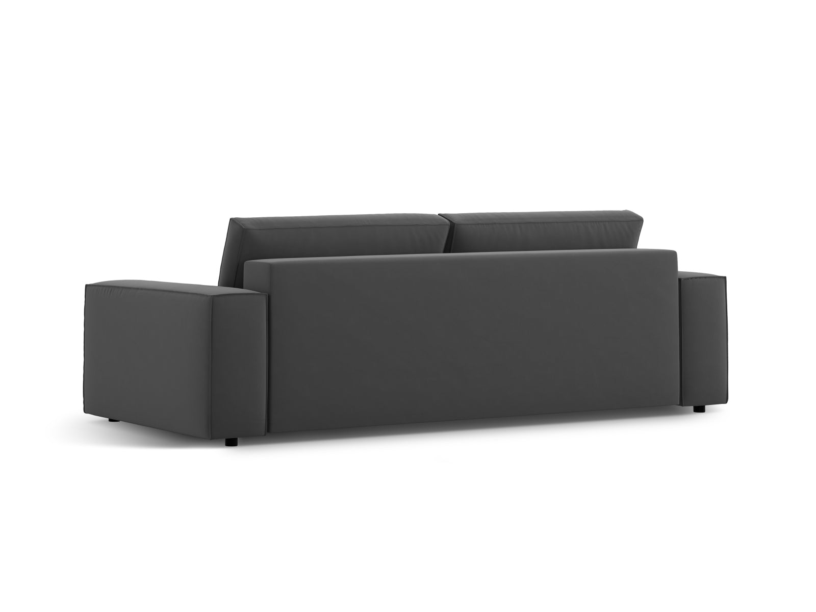 Elegantes graublaues Velours-Sofa Jodie, 3-Sitzer mit Schlaffunktion und Stauraum, ideal für stilvolle und funktionale Wohnräume.