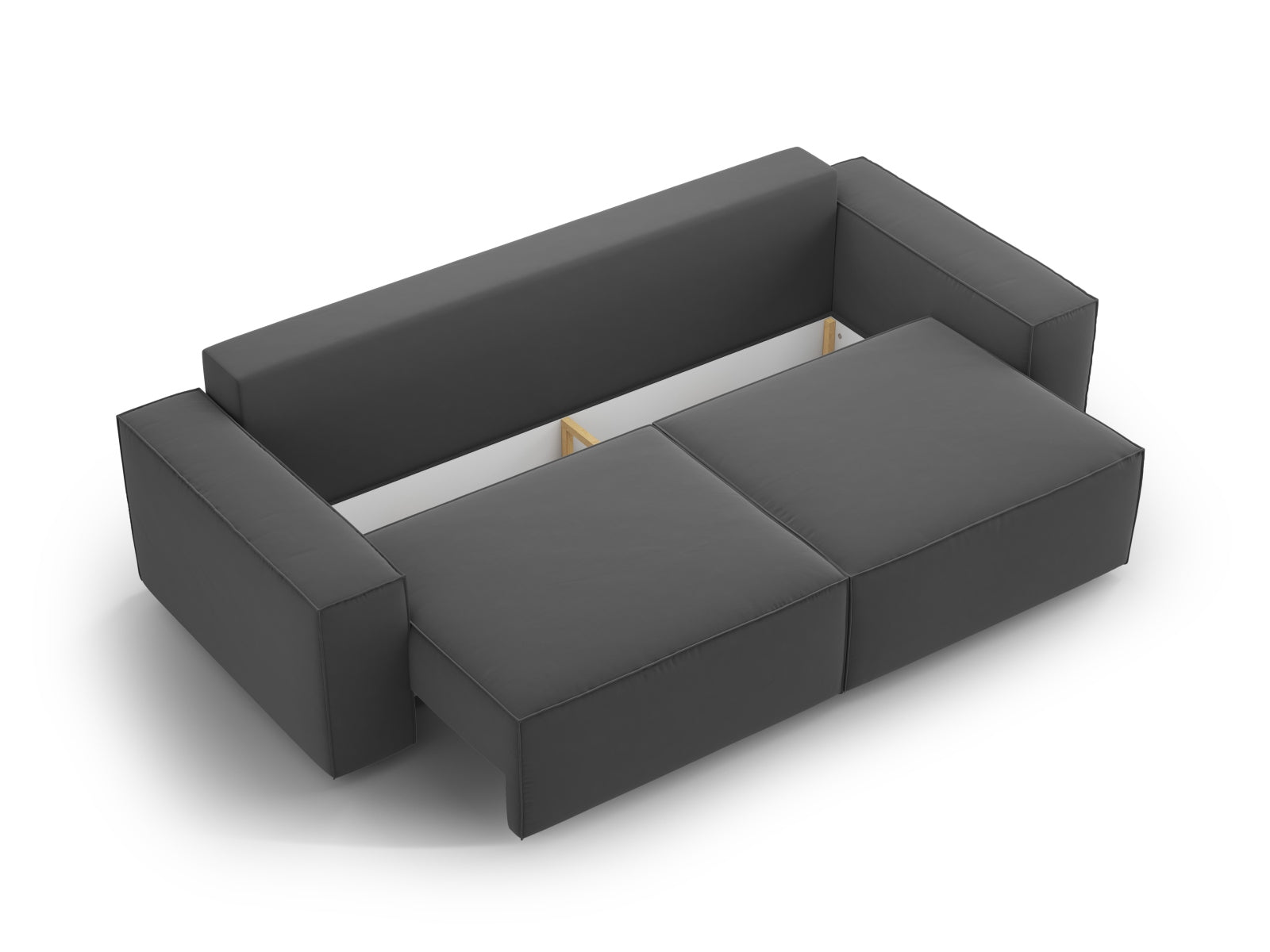 Stilvolles 3-Sitzer Sofa Jodie in graublauem Velours, multifunktional mit Schlaffunktion und praktischem Stauraum für Ihr Zuhause.