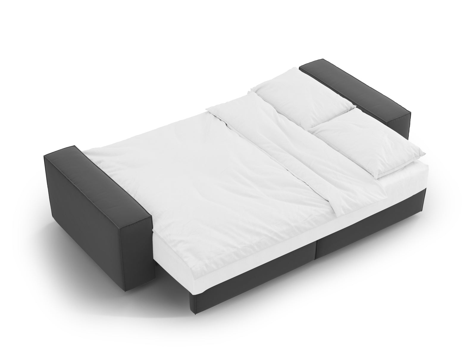 Elegantes 3-Sitzer Bettsofa Jodie in graublauem Velours, ideal für Gästeübernachtungen und mit integriertem Stauraum für Kissen und Decken.