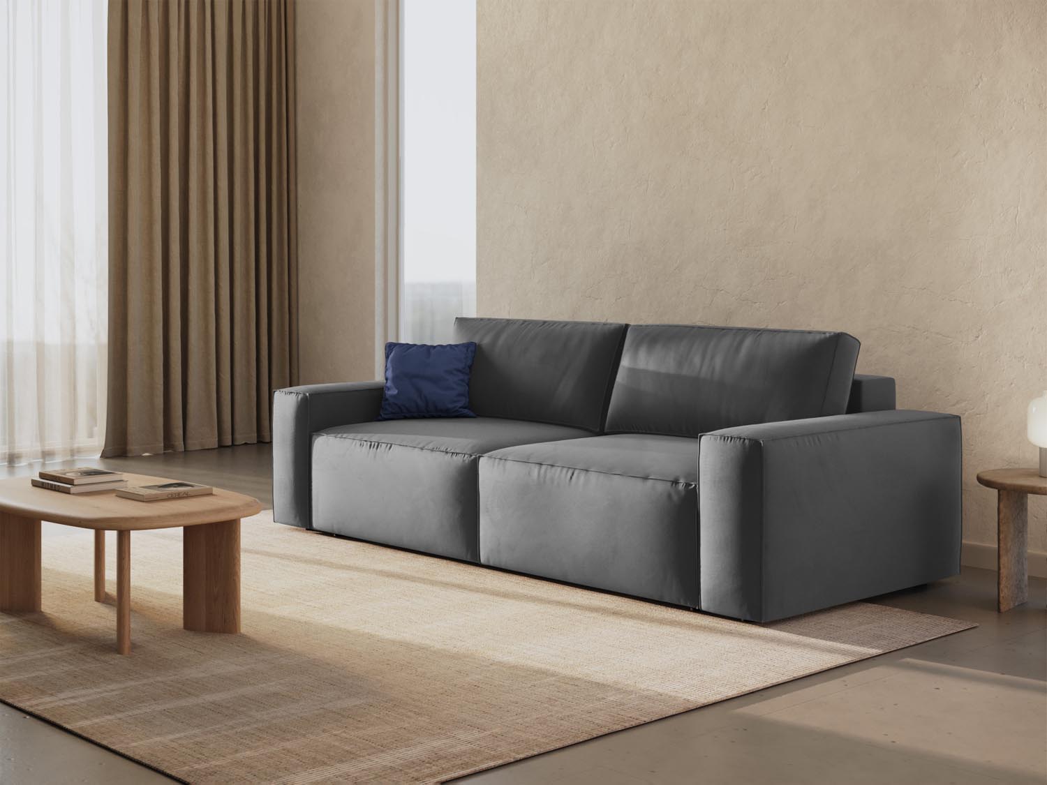 Elegantes Jodie Velour Sofa in Grau-Blau, 3-Sitzer mit Schlaffunktion und Stauraum, ideal für stilvolle Wohnräume.