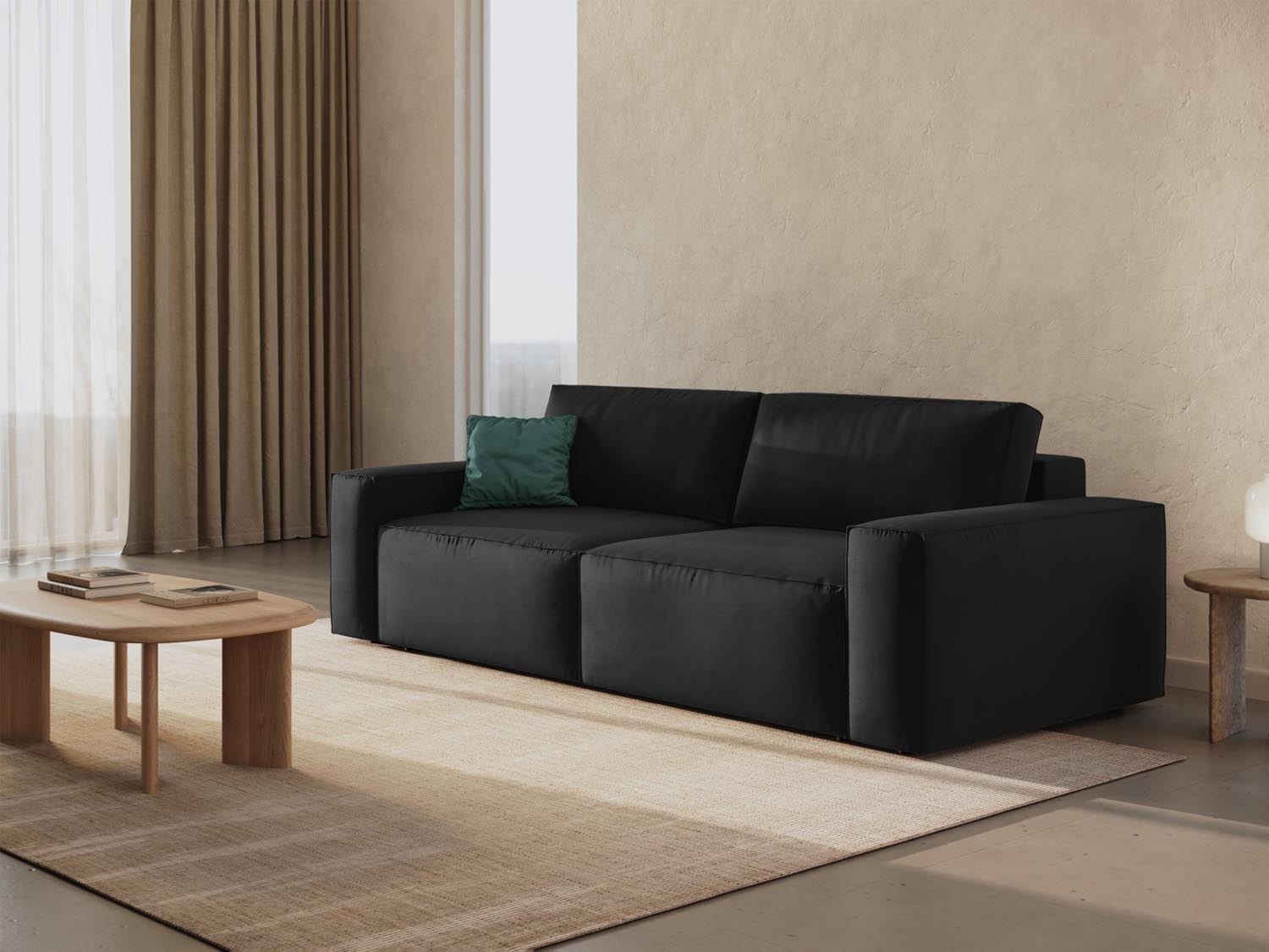 Elegantes Jodie Velour Sofa in Schwarz-Bluvel, 3-Sitzer mit Schlaffunktion und Stauraum, ideal für stilvolle Wohnräume.