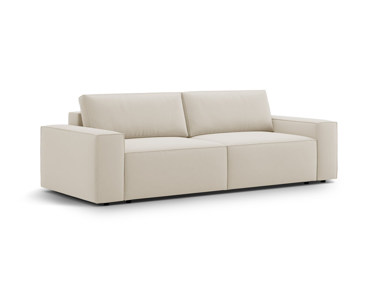 Elegantes 3-Sitzer Velours Sofa in Dunkelbeige, ideal für kleine Räume mit Schlaffunktion und integriertem Stauraum.