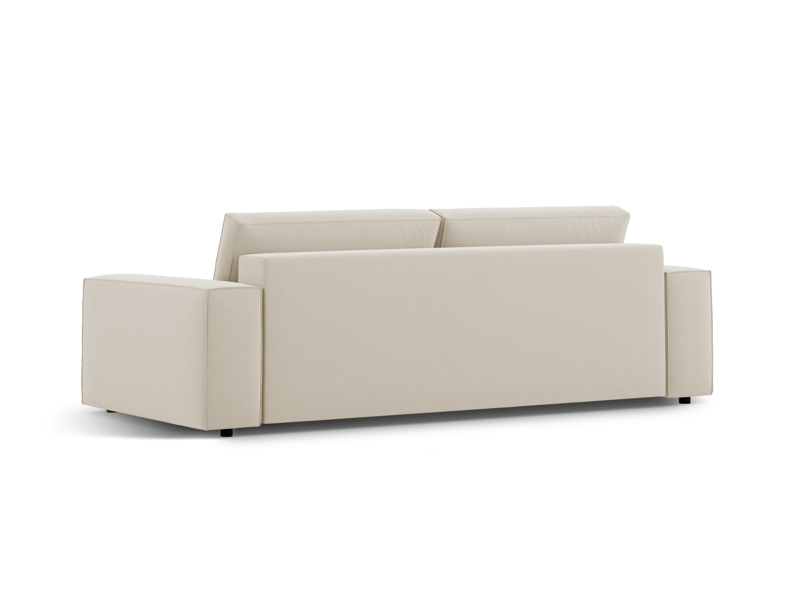 Stilvolles 3-Sitzer Sofa aus Velours in sanftem Dunkelbeige, perfekt für multifunktionale Wohnräume mit Schlaf- und Stauraummöglichkeiten.