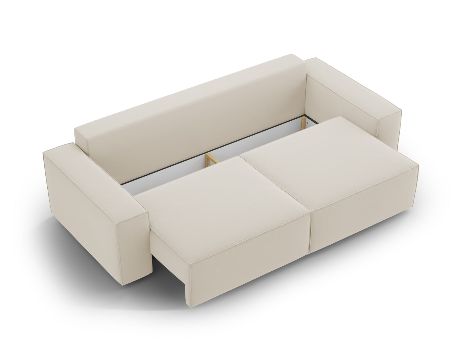 Elegantes 3-Sitzer Bettsofa aus weichem Velours in edlem Dunkelbeige, ideal für gemütliche Wohnräume mit praktischer Schlaffunktion und Stauraum.