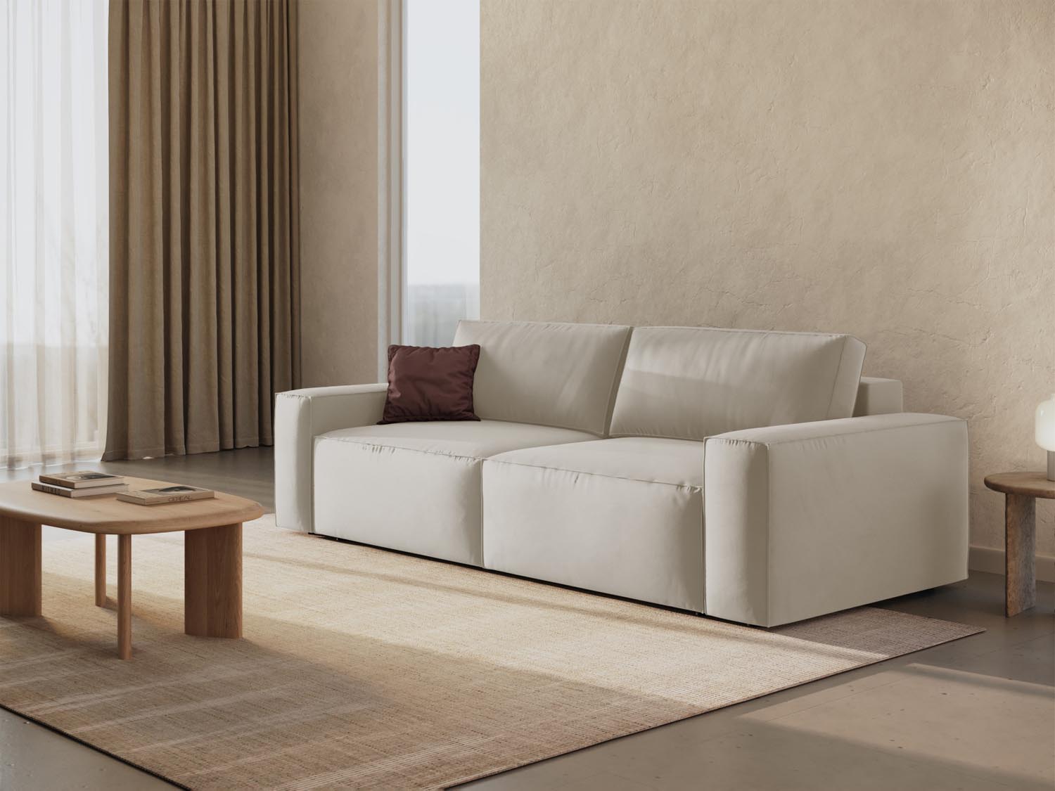 Elegantes Jodie Velour Sofa in Dunkelbeige mit Schlaffunktion und Stauraum, ideal für stilvolle Wohnräume und Gästeübernachtungen.