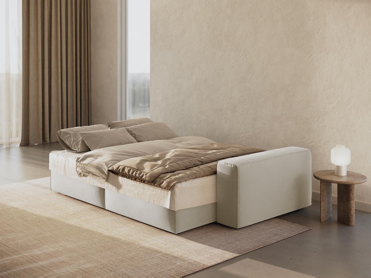 Stilvolles 3-Sitzer Sofa in Dunkelbeige aus Velours, multifunktional mit Schlaffunktion und praktischem Stauraum für moderne Wohnkonzepte.
