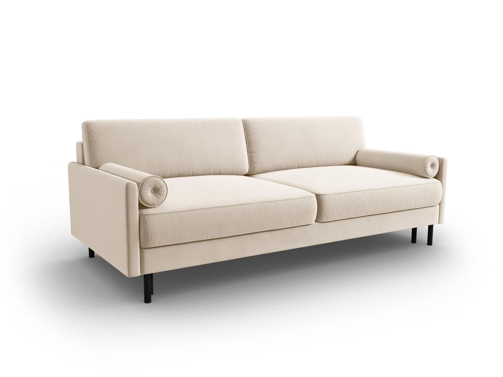 Stylisches 3-Sitzer Sofa aus Velours in sanftem Beige, bietet Schlaffunktion und Stauraum, perfekt für moderne Wohnräume.
