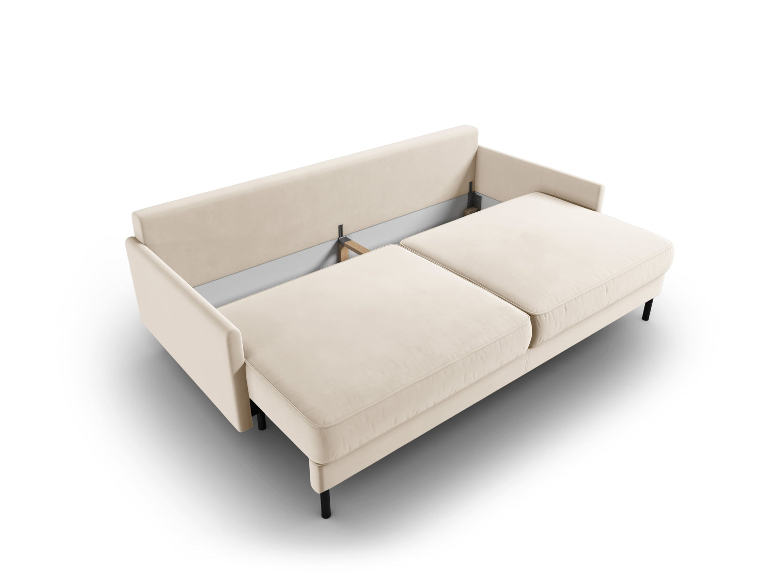 Stylisches 3-Sitzer Sofa aus Velours in sanftem Beige, perfekt für entspannte Abende und mit cleverem Stauraum für Kissen und Decken.