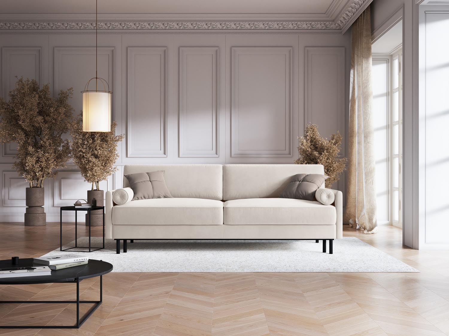 Elegantes Scott Velour Sofa in Light Beige-Bluvel, 3-Sitzer mit Schlaffunktion und praktischem Stauraum, ideal für jedes Wohnzimmer.