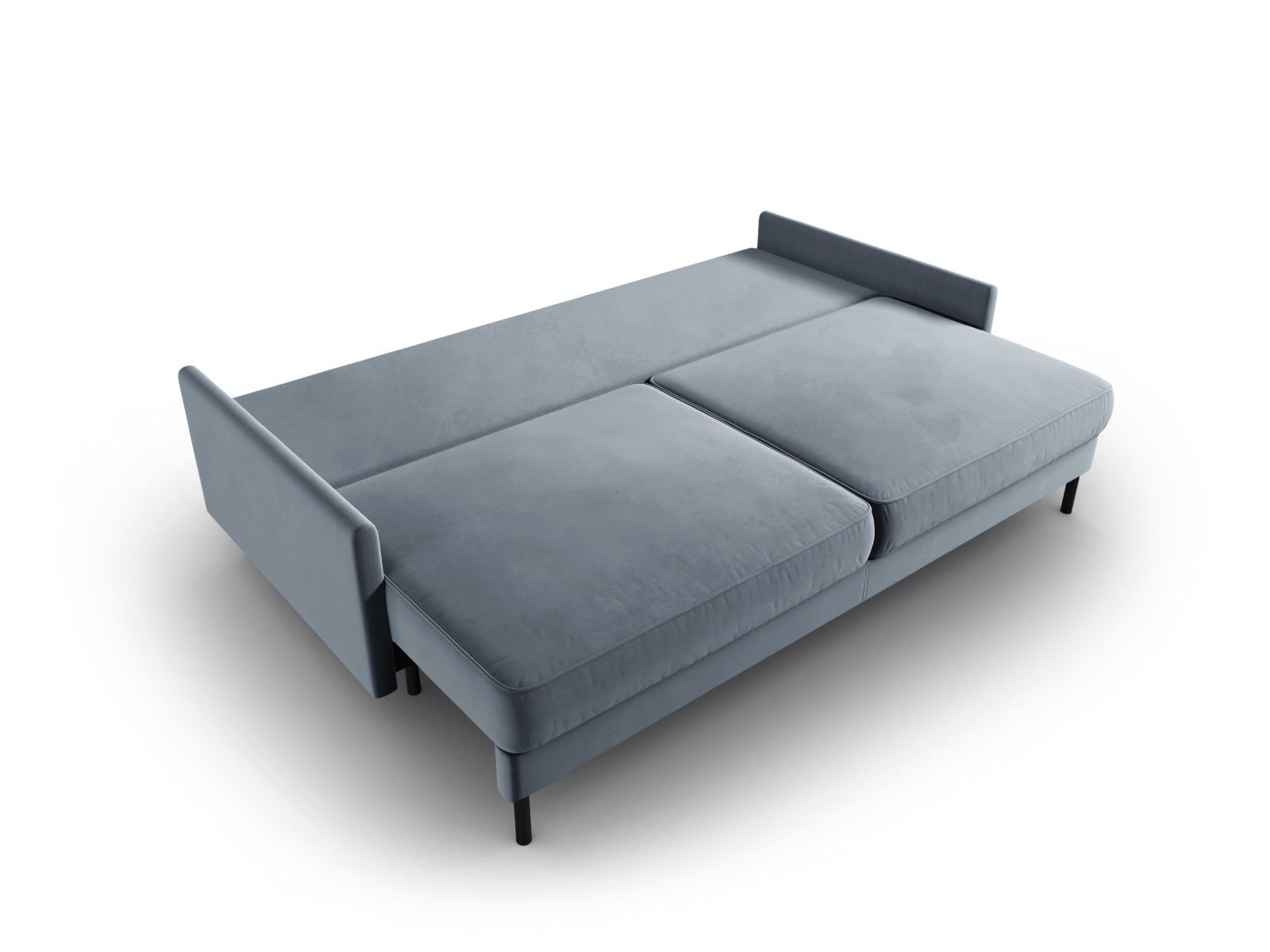 Elegantes 3-Sitzer Bettsofa aus weichem Velours in sanftem Hellblau, ideal für Gästeübernachtungen und zur Aufbewahrung von Decken.