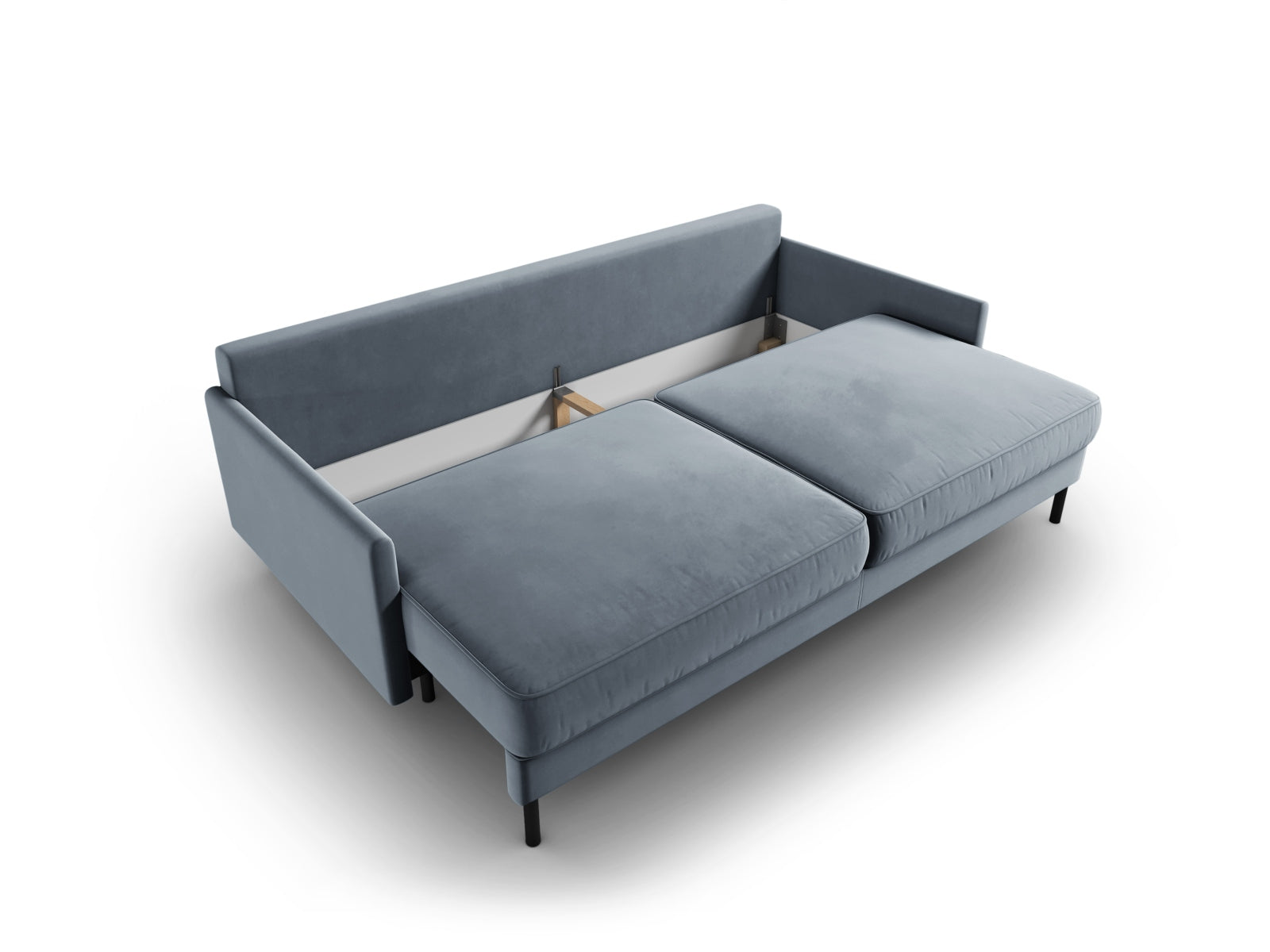 Stylisches 3-Sitzer Sofa in zartem Hellblau, kombiniert Komfort mit praktischer Schlaffunktion und Stauraum für eine moderne Wohnlösung.