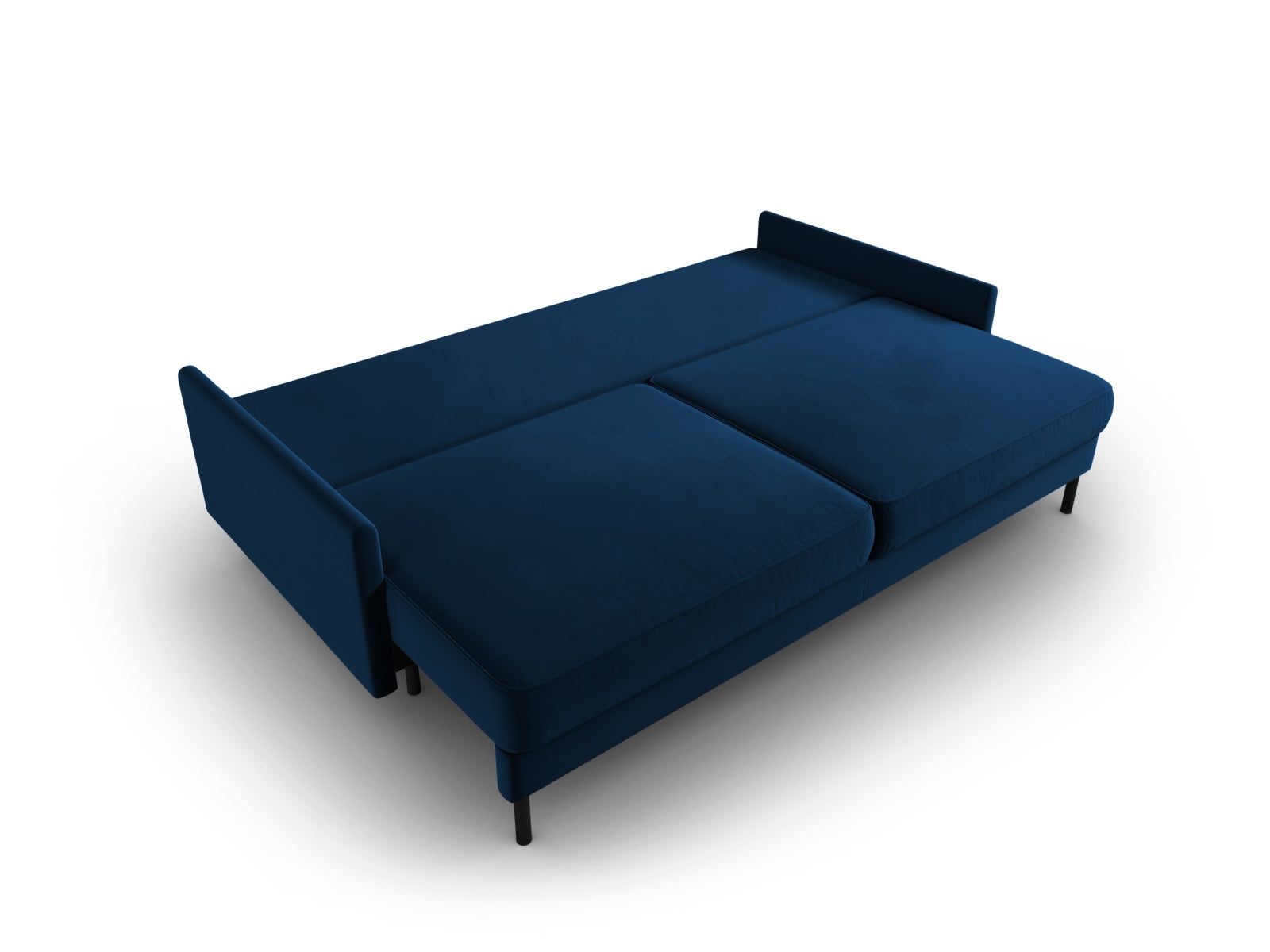 Elegantes 3-Sitzer Sofa in Royalblau aus weichem Velours, ideal für Gästeübernachtungen und mit praktischem Stauraum für Ihr Wohnzimmer.