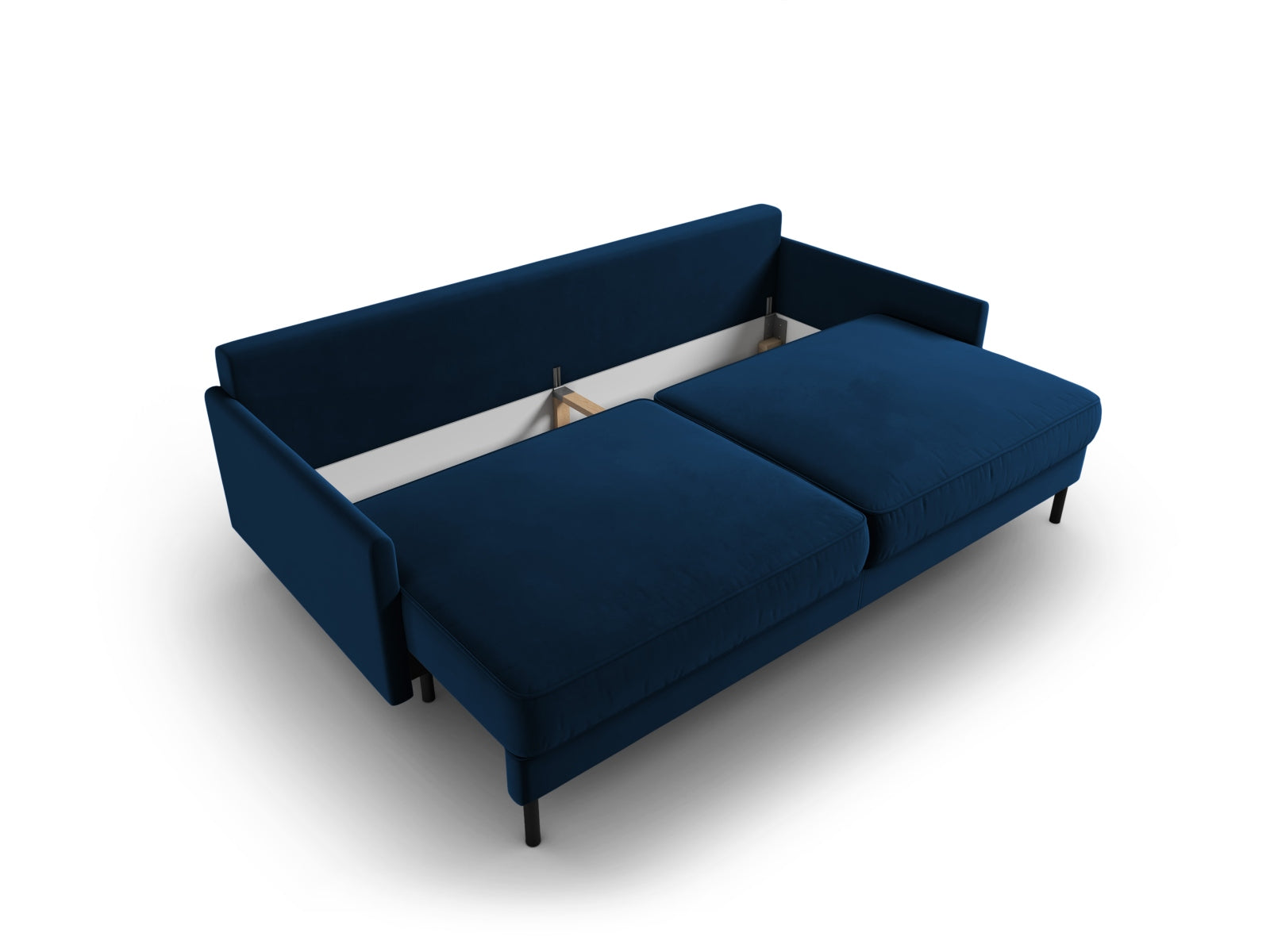 Stylisches 3-Sitzer Bettsofa in tiefem Blau, ausgestattet mit Schlaffunktion und cleverem Stauraum, perfekt für moderne Wohnräume.