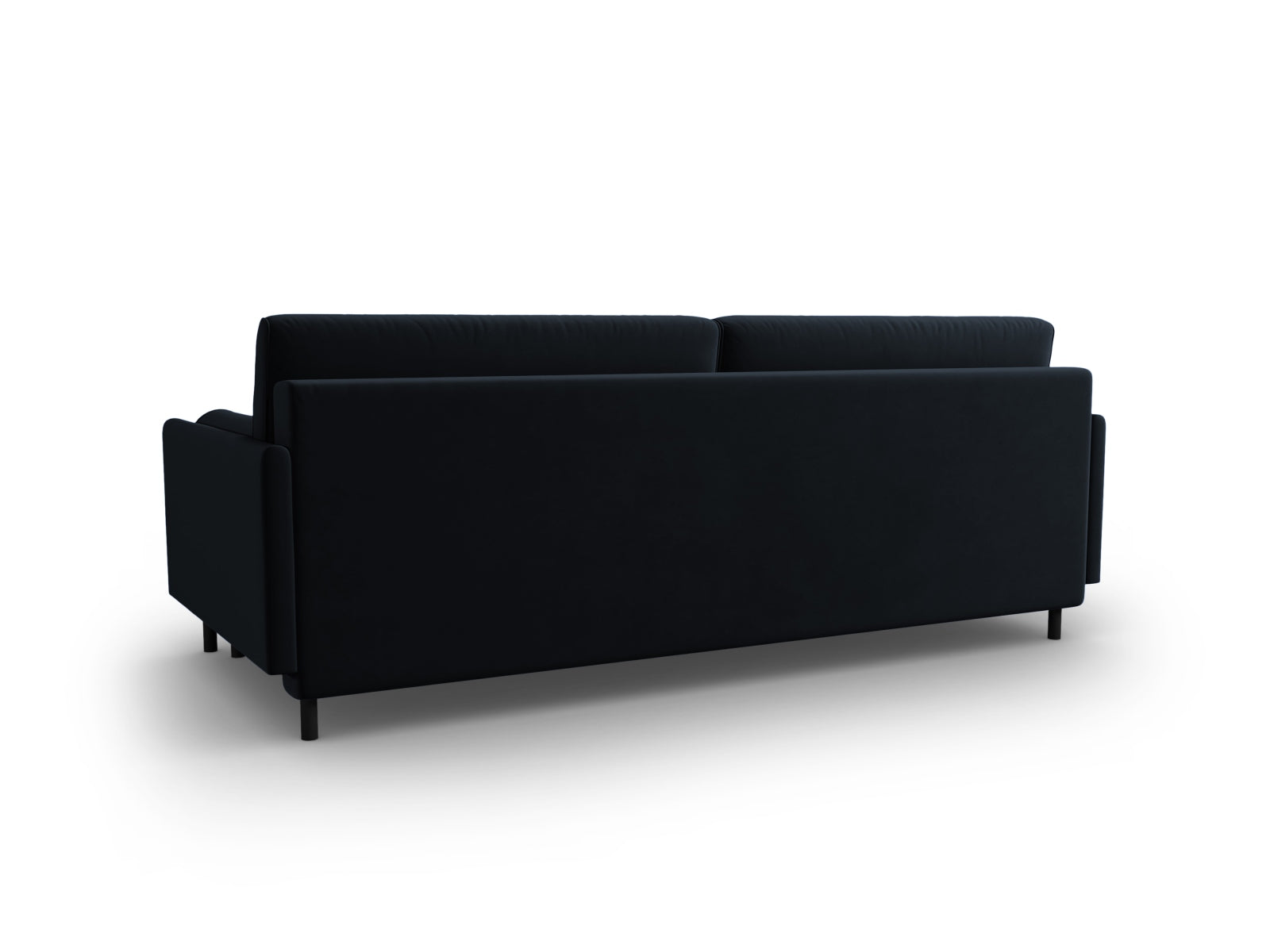 Elegantes 3-Sitzer Bettsofa aus weichem Velours in edlem Blau, ideal für Gästeübernachtungen und mit praktischem Stauraum.