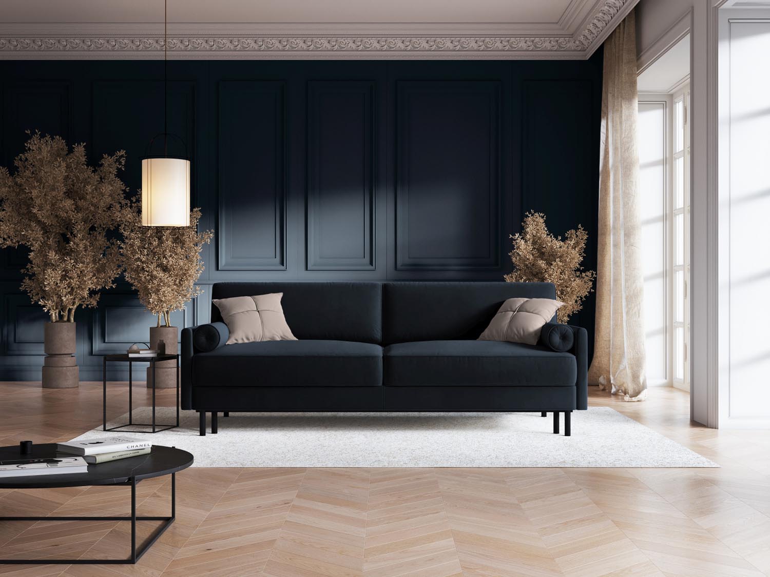 Elegantes Scott Velour Sofa in Dunkelblau, 3-Sitzer mit Schlaffunktion und praktischem Stauraum, ideal für modernes Wohnen.