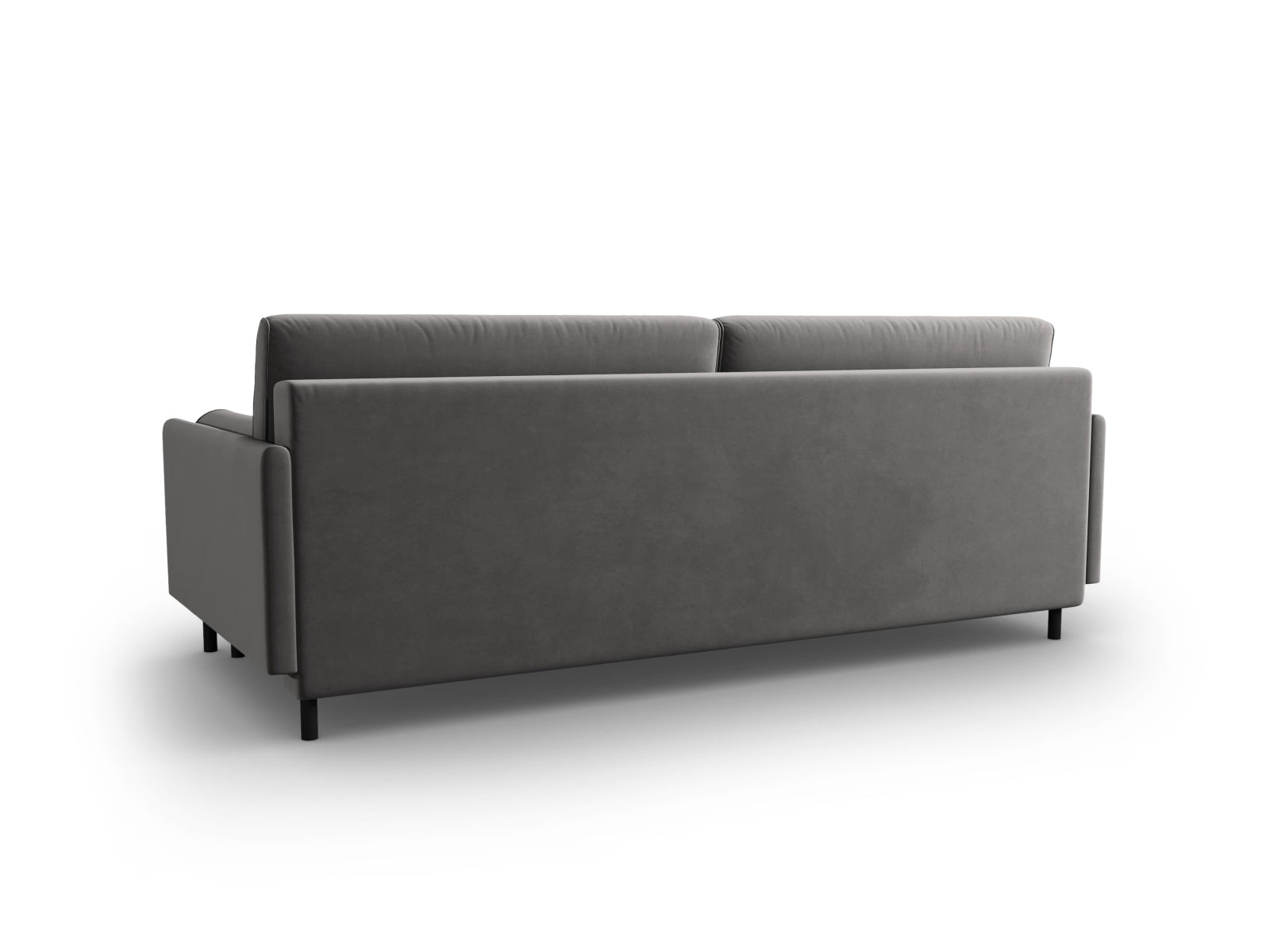 Elegantes 3-Sitzer Velours Sofa in dezentem Grau, ideal für Gästeübernachtungen und mit praktischem Stauraum für Kissen und Decken.