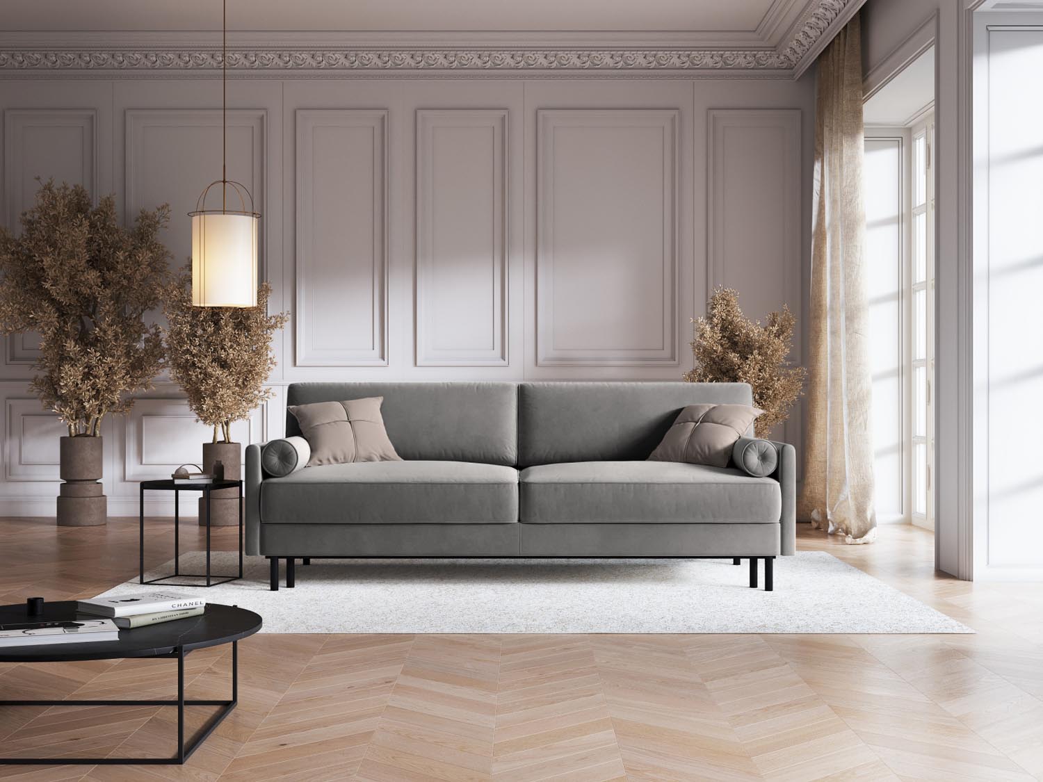 Elegantes Scott Velour Sofa in Hellgrau mit Schlaffunktion und Stauraum, ideal für stilvolle Wohnräume und Gästeübernachtungen.