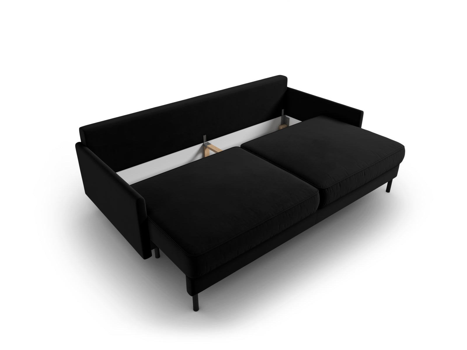 Stylisches 3-Sitzer Sofa aus Velours in Schwarz-Bluvel, perfekt für entspannte Abende und bietet zusätzlichen Stauraum für Kissen und Decken.