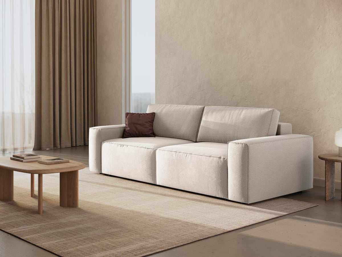 Jodie Sofa mit Schlaffunktion und Stauraumbox 3 Sitzer in Light Beige-Megan präsentiert im Onlineshop von KAQTU Design AG. Bettsofa ist von Micadoni