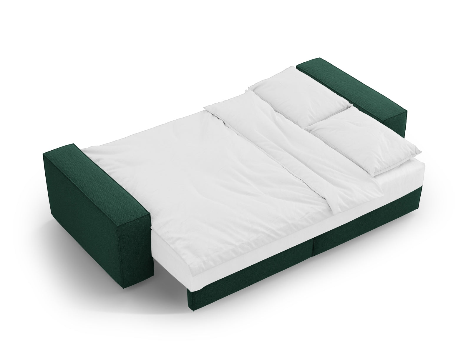 Elegantes Bettsofa in zartem Grün, ideal für gemütliche Abende. Verfügt über eine Schlaffunktion und Stauraum für Kissen und Decken.