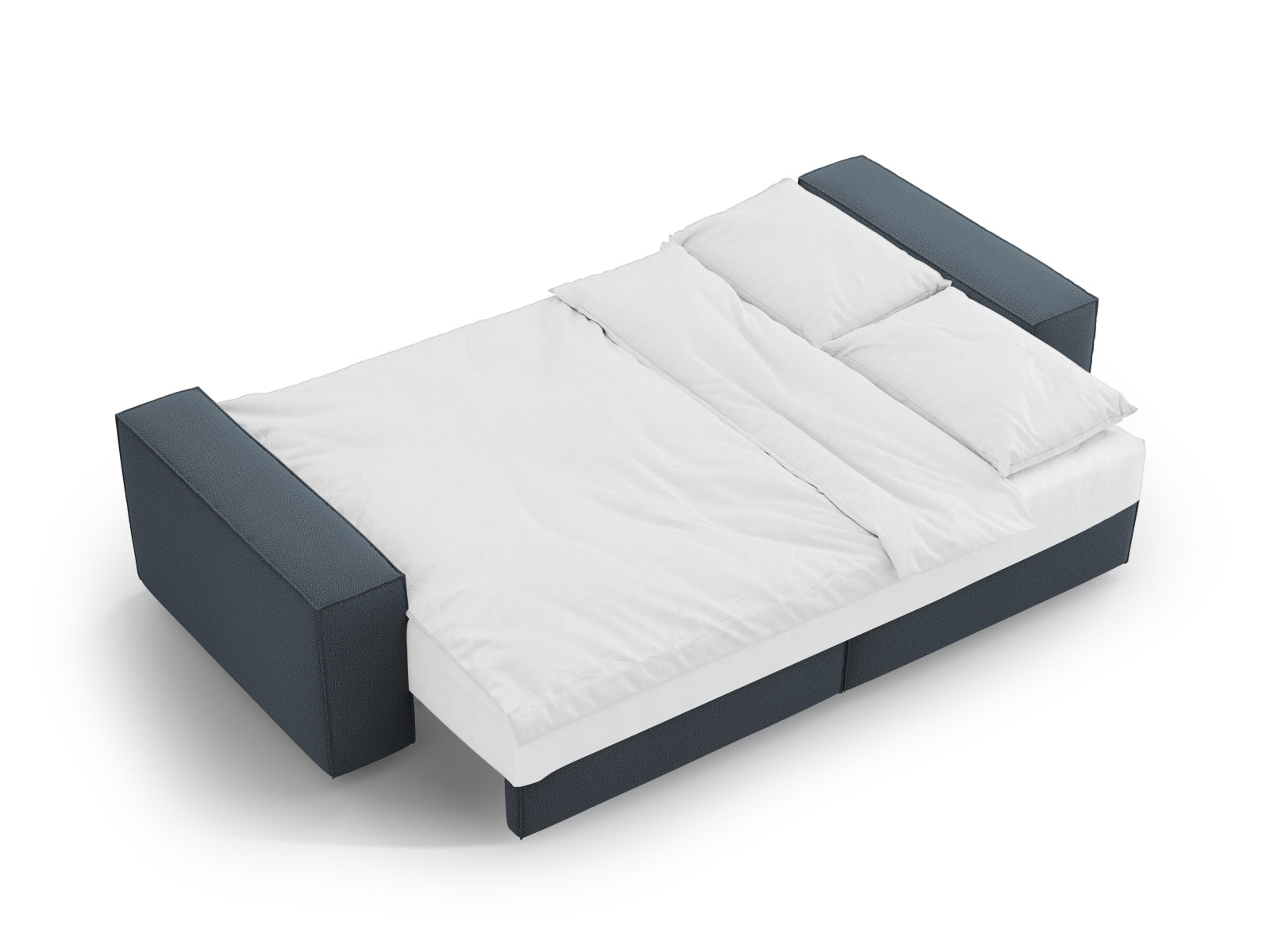 Elegantes 3-Sitzer Sofa Jodie in stilvollem Blau, ideal für Gästeübernachtungen und mit praktischem Stauraum für Kissen und Decken.
