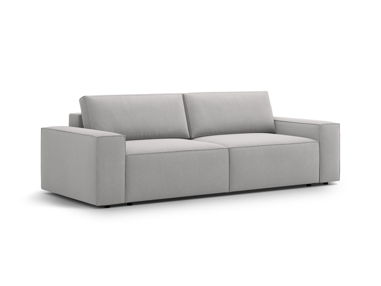 Modernes 3-Sitzer Jodie Sofa in sanftem Hellgrau, vielseitig einsetzbar mit Schlaffunktion und praktischem Stauraum für kleine Räume.