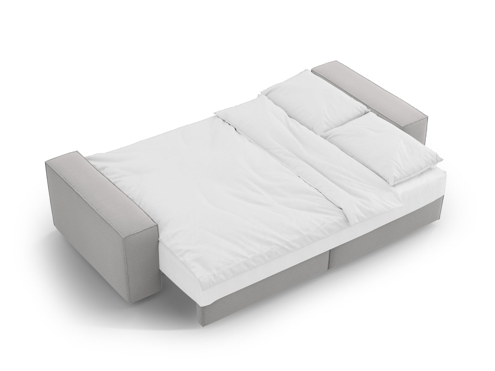 Elegantes 3-Sitzer Bettsofa Jodie in zartem Hellgrau, ideal für Gästeübernachtungen und zur Aufbewahrung von Decken und Kissen.