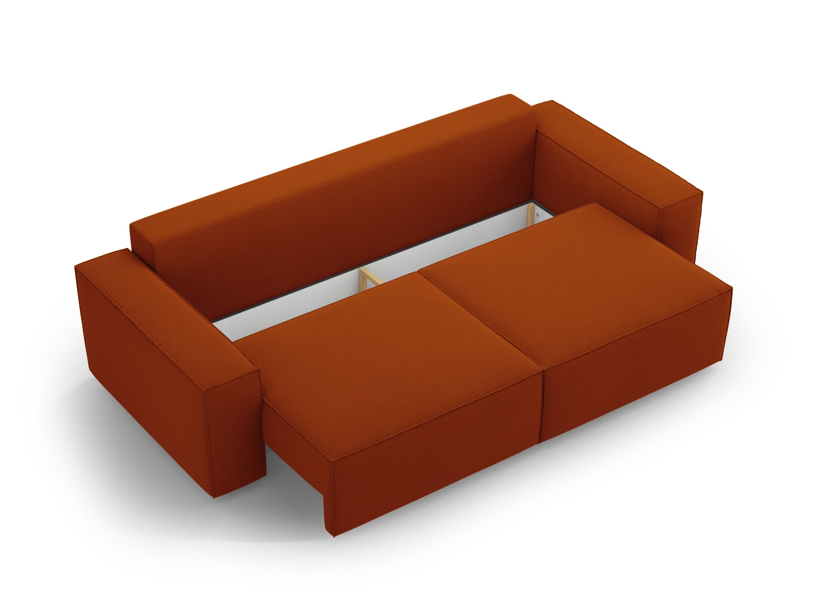 Modernes Jodie Sofa in warmem Terracotta, 3-Sitzer mit Schlaffunktion und praktischer Stauraumbox, perfekt für gemütliche Wohnräume.