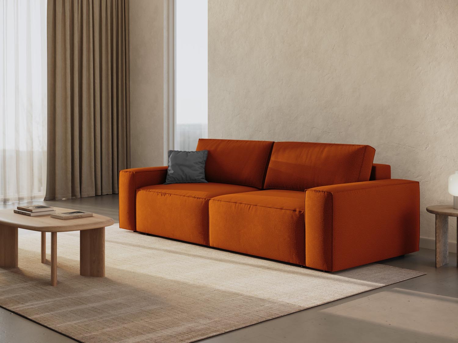 Elegantes Jodie Sofa in Terracotta mit Schlaffunktion und Stauraum, ideal für stilvolle Wohnräume und gemütliche Nächte.