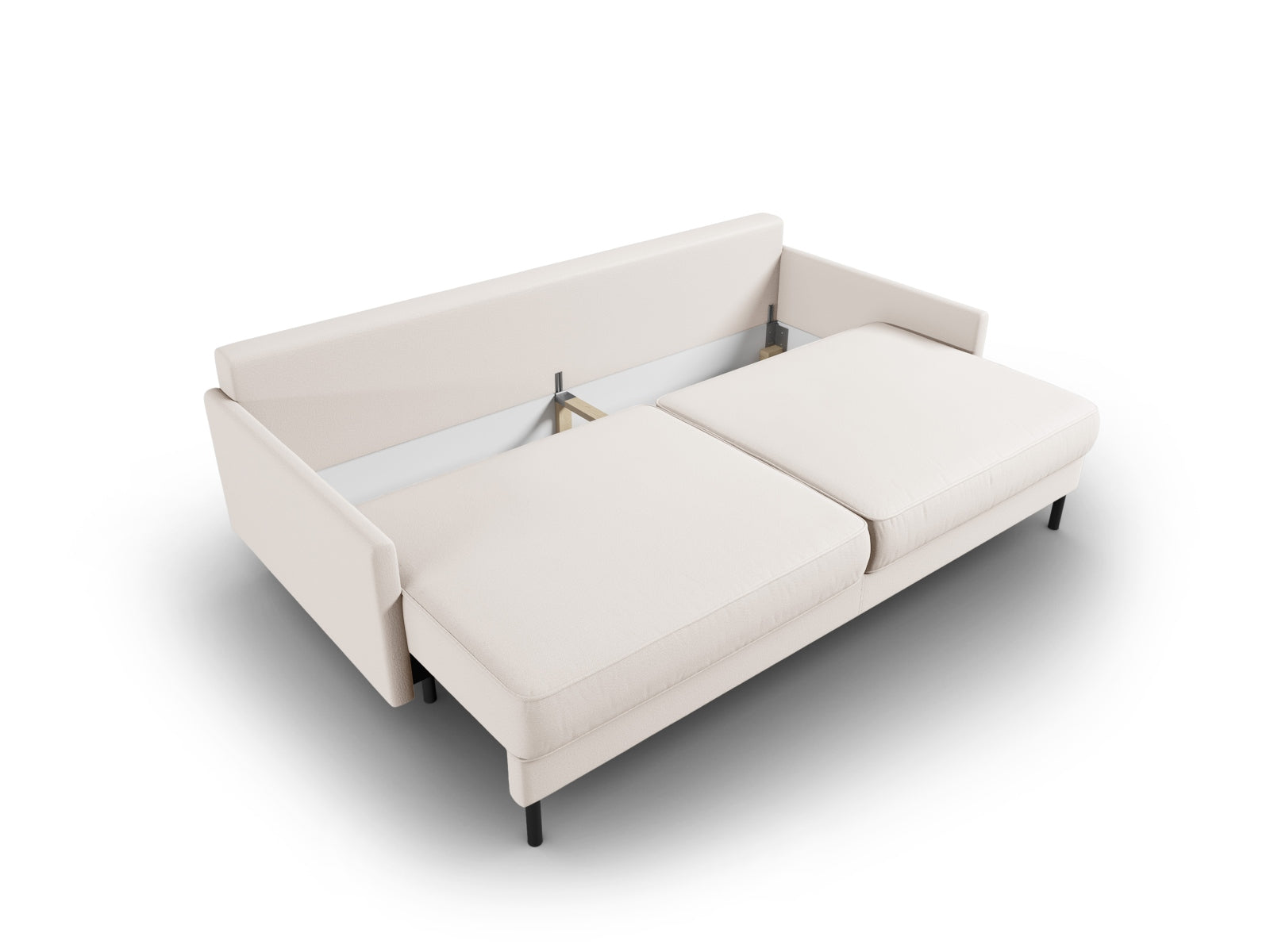 Stylisches Bettsofa Scott in hellem Beige, perfekt für kleine Räume, bietet Schlafgelegenheit und cleveren Stauraum für Utensilien.