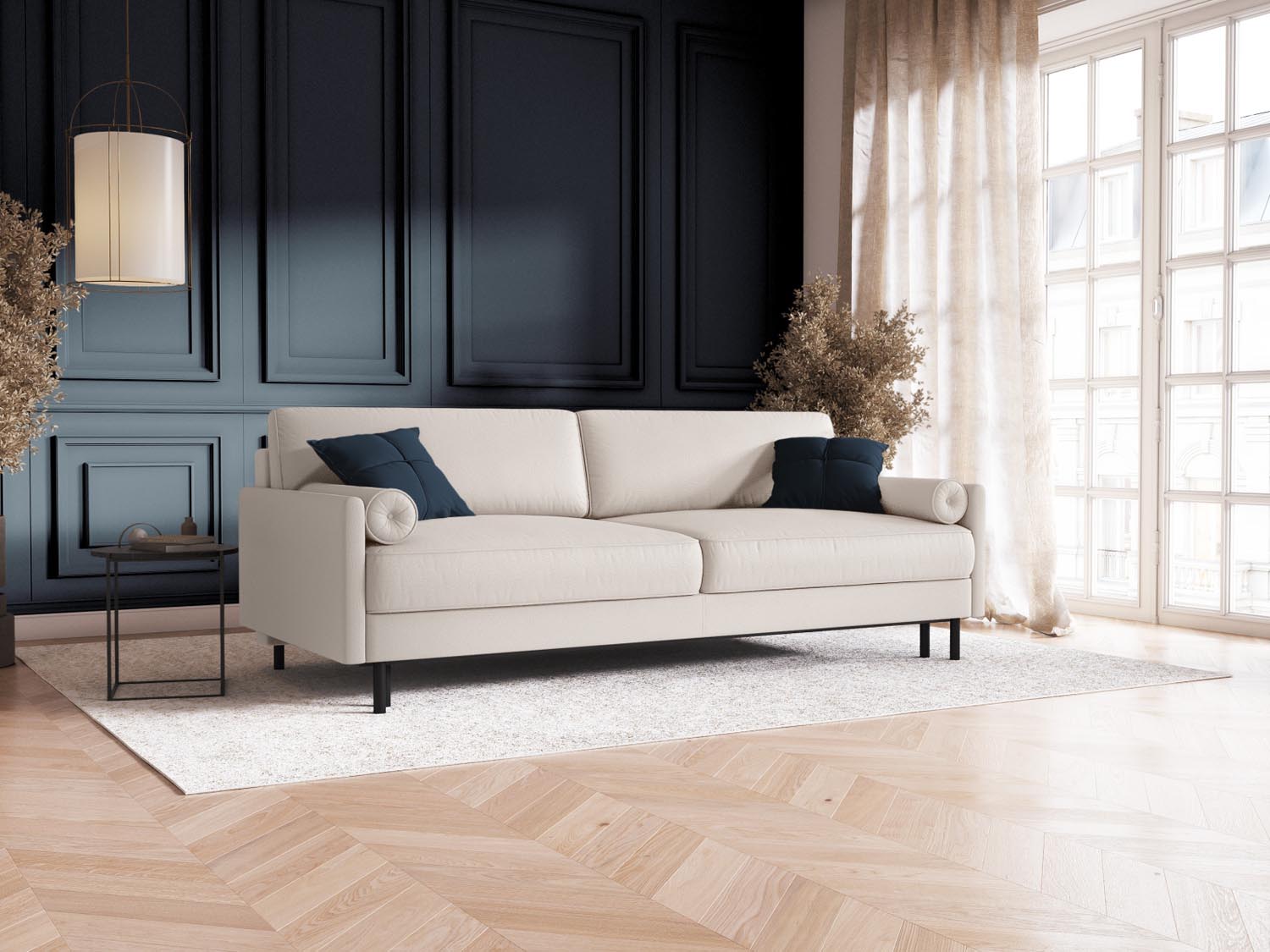 Elegantes Scott Sofa in Light Beige mit Schlaffunktion und praktischem Stauraum, ideal für stilvolle Wohnräume.